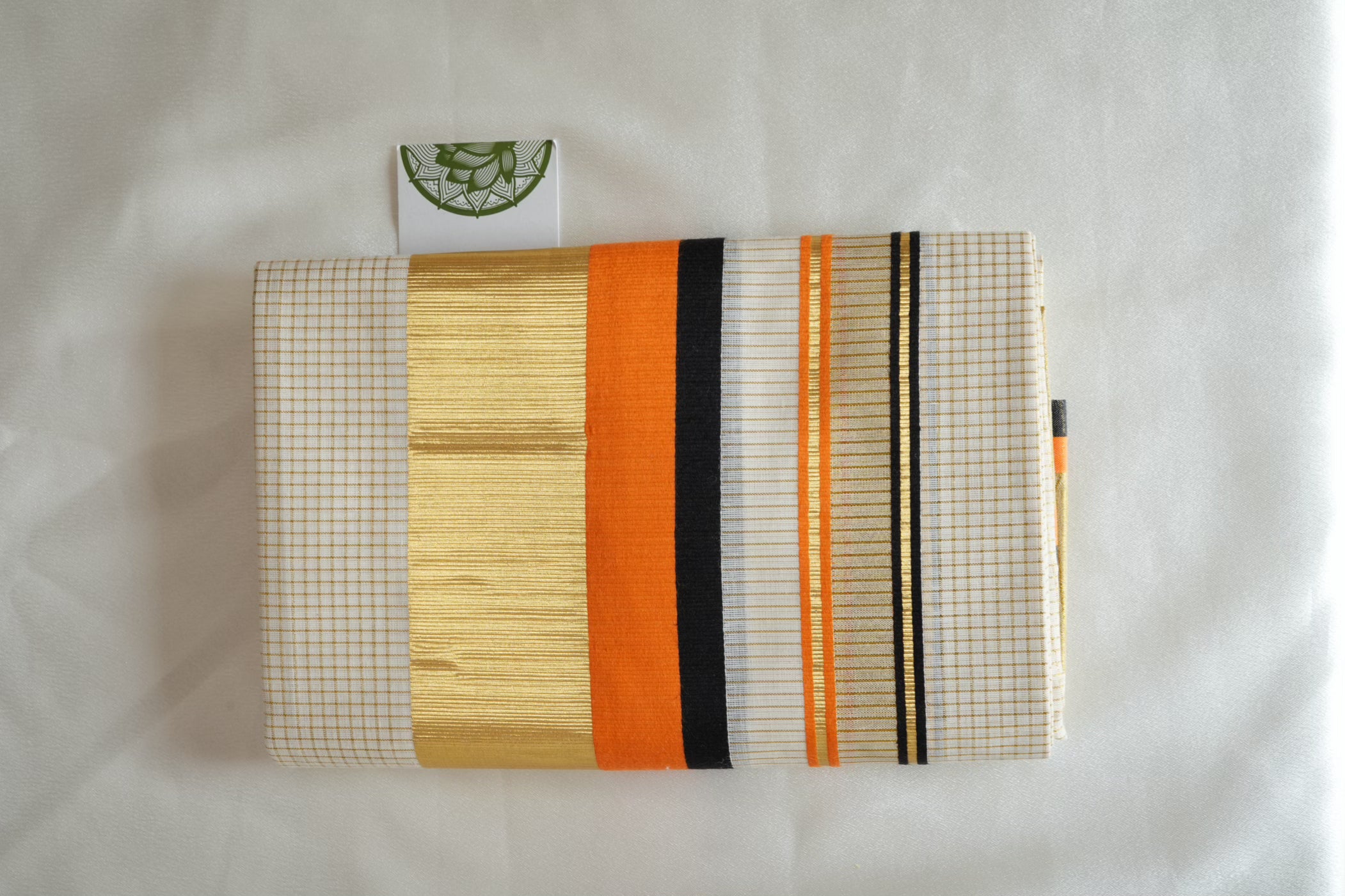 Premium Kerala Single Set Mundu with Vibrant Orange and Multi-Color Borders