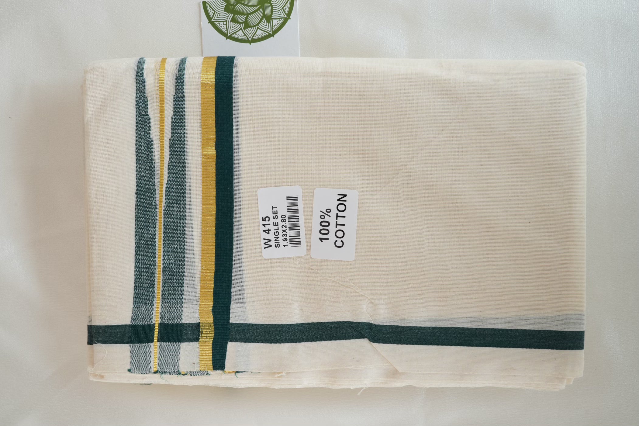 Premium Puliyilakkara Chutti Kerala Single Set Mundu with Deep Forest Green & Gold Accents