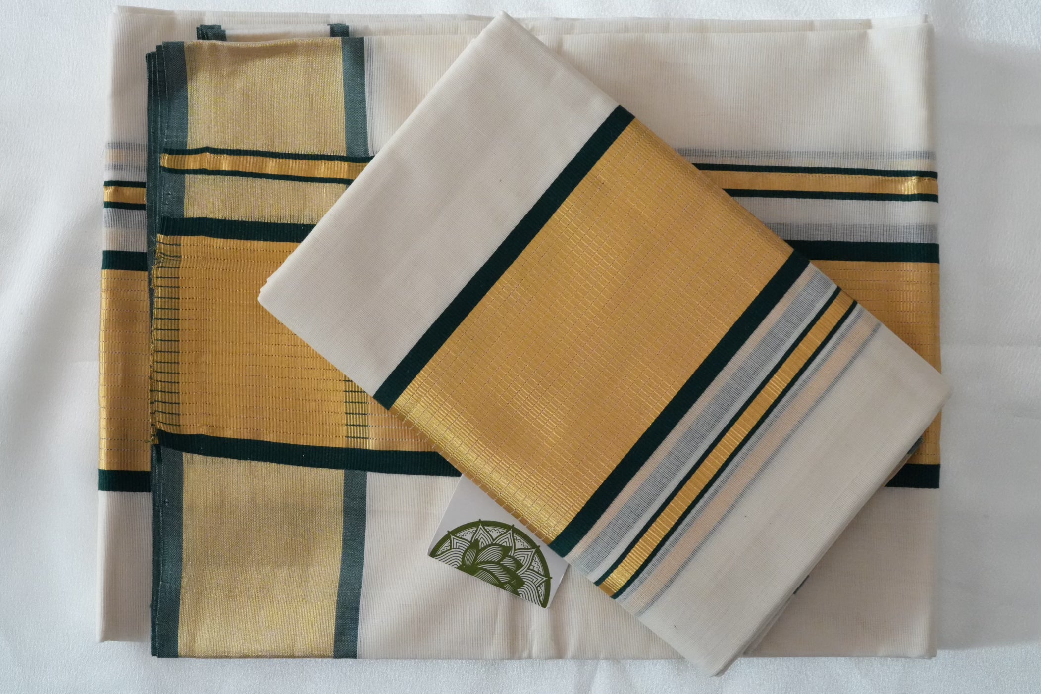 Premium Balaramapuram Unakkapavu Pure Cotton Handloom Set Mundu with Bottle Green Stripes