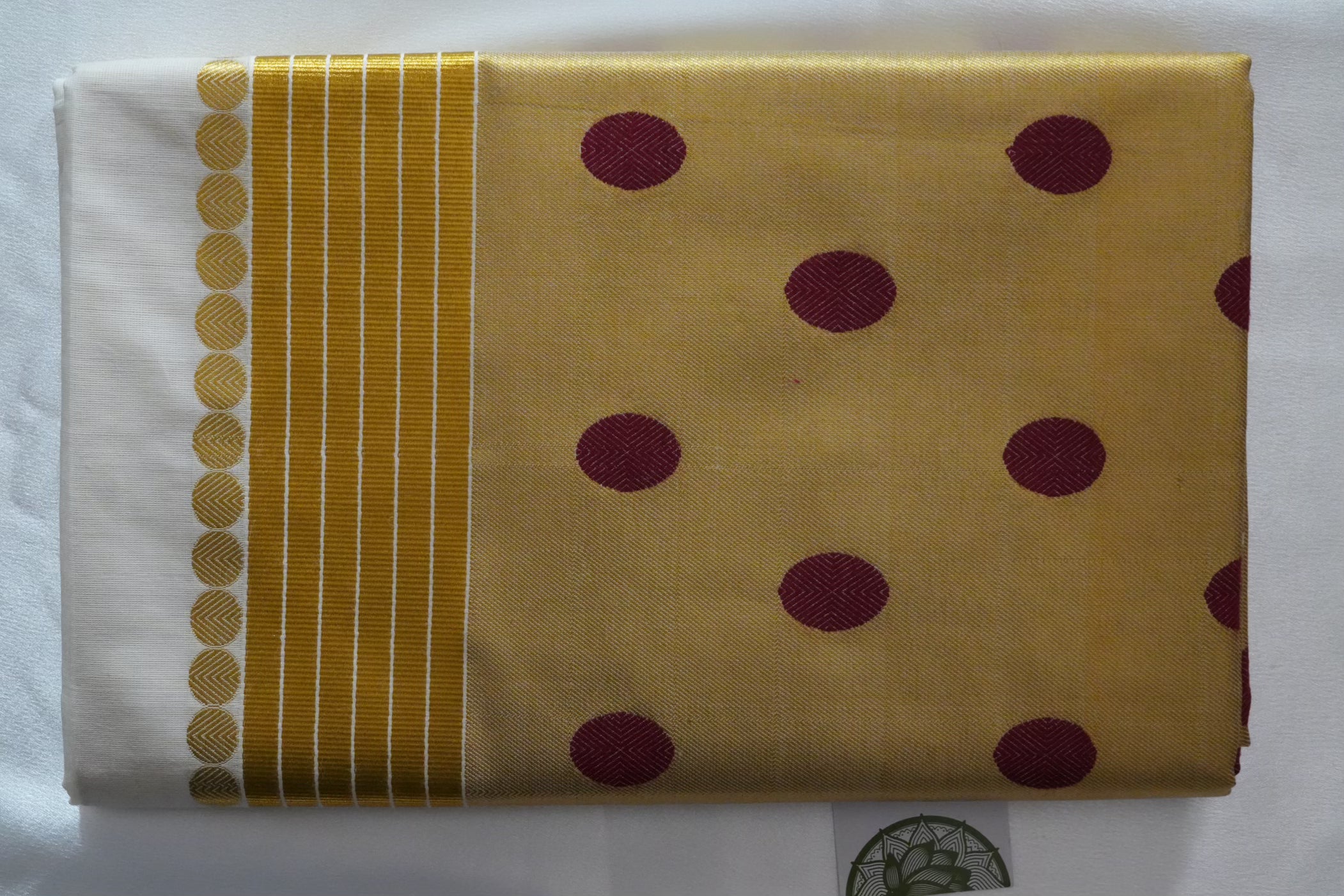 Golden Tissue Kerala Saree with Deep Maroon Polka Dots