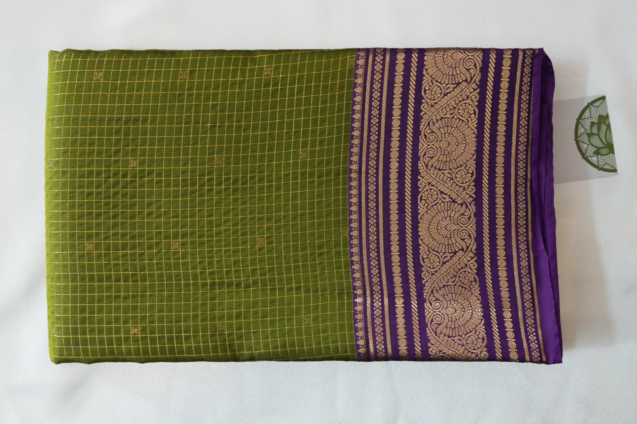 Olive Green Pure Kancheepuram Silk Saree with Purple Zari Border