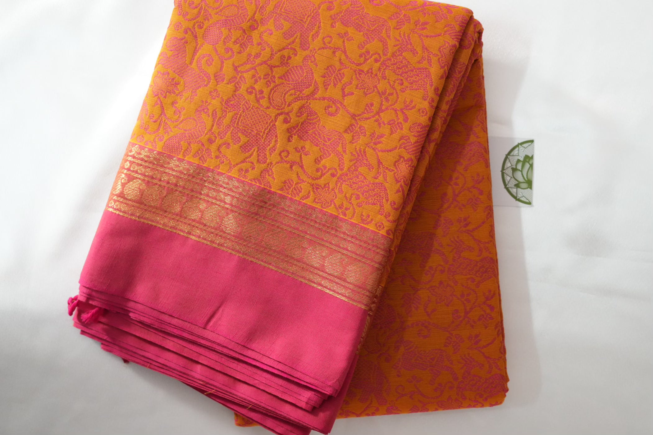 Mustard & Pink Vanasingaram Kanchi Cotton Saree with Jacquard Animal Motifs