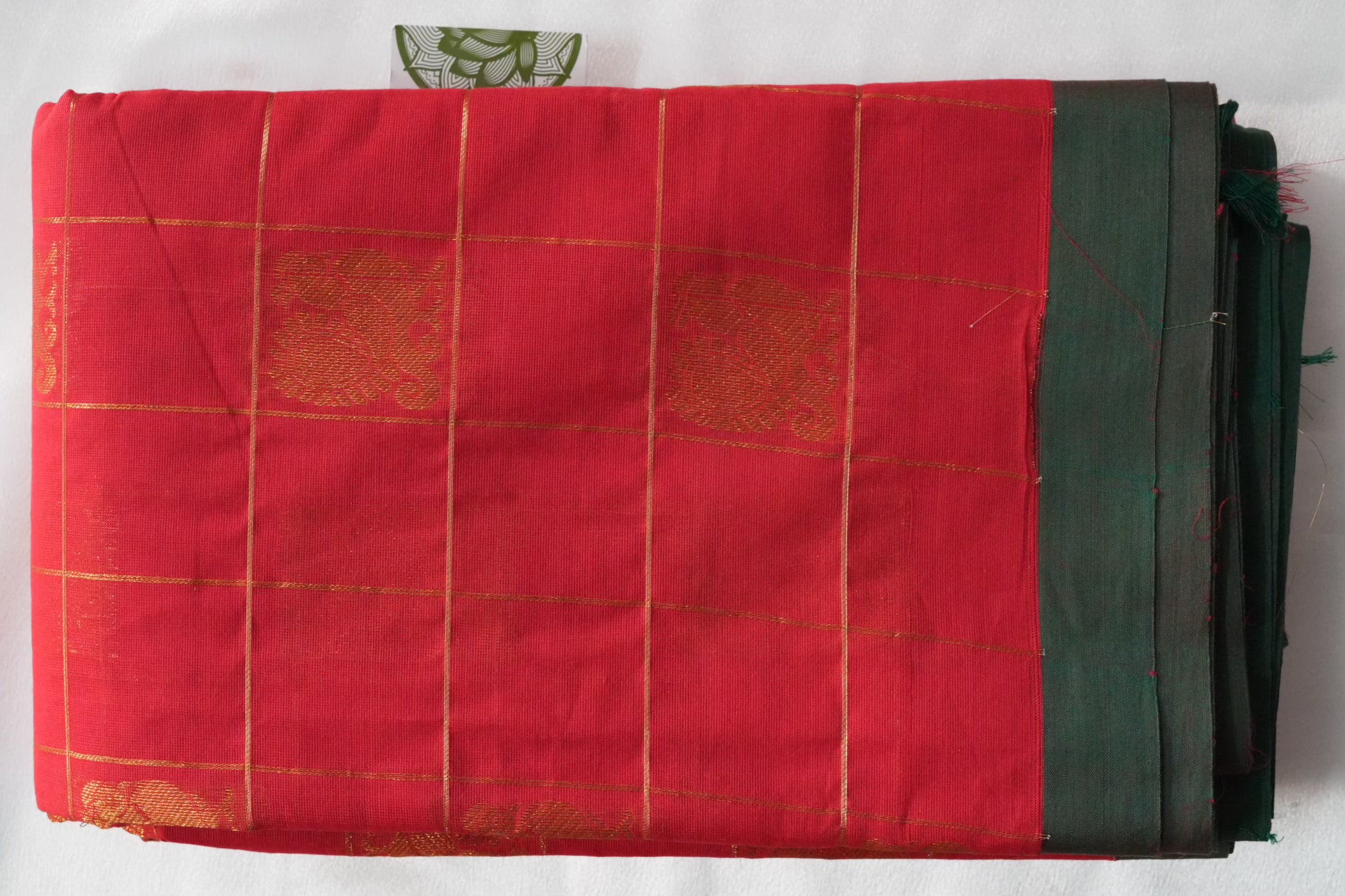 Vermilion Red Kanchi Cotton Saree with Gold Checks and Annapakshi Motifs