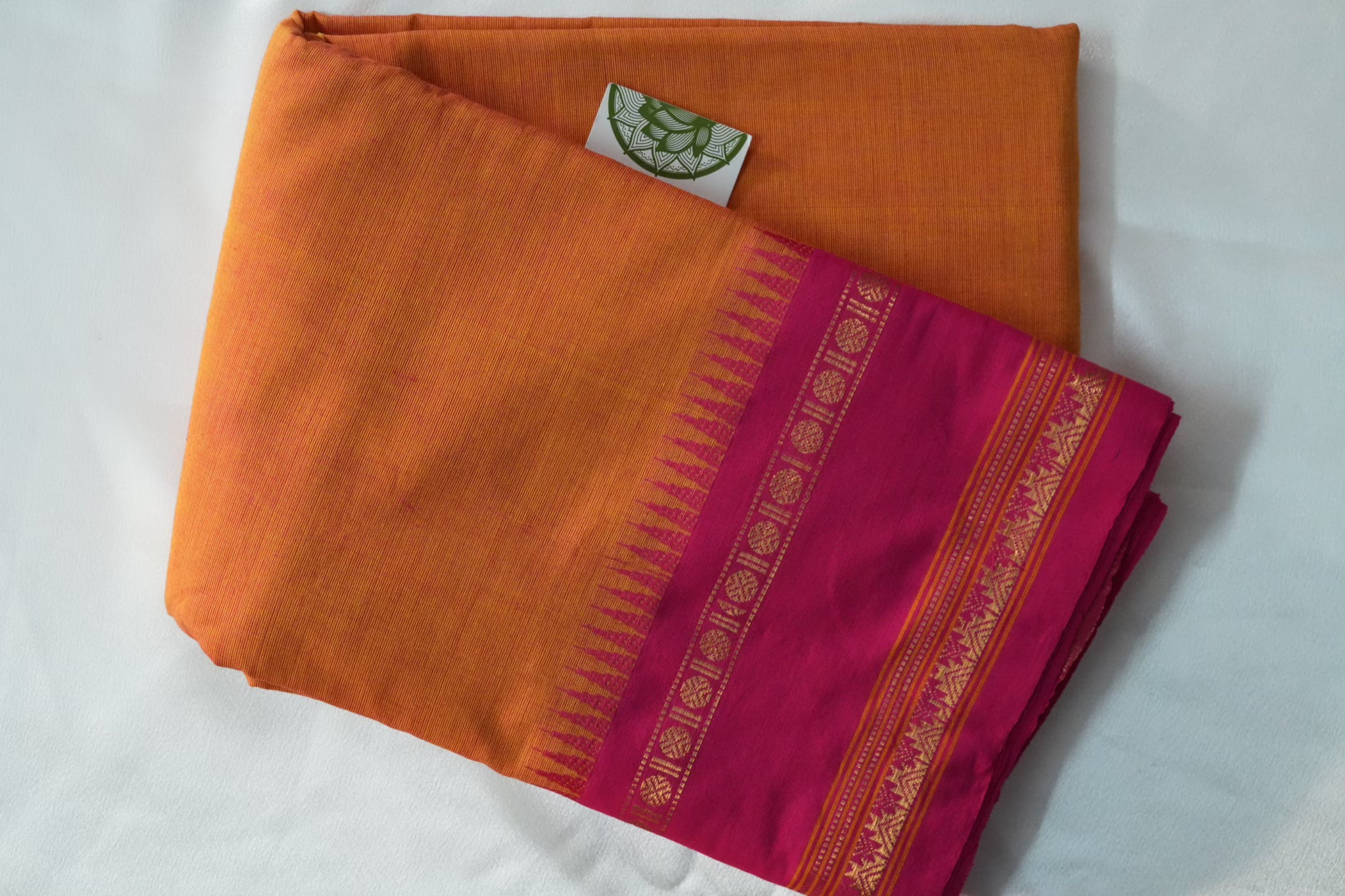 Mango Yellow & Rani Pink Kanchi Cotton Saree with Temple Border