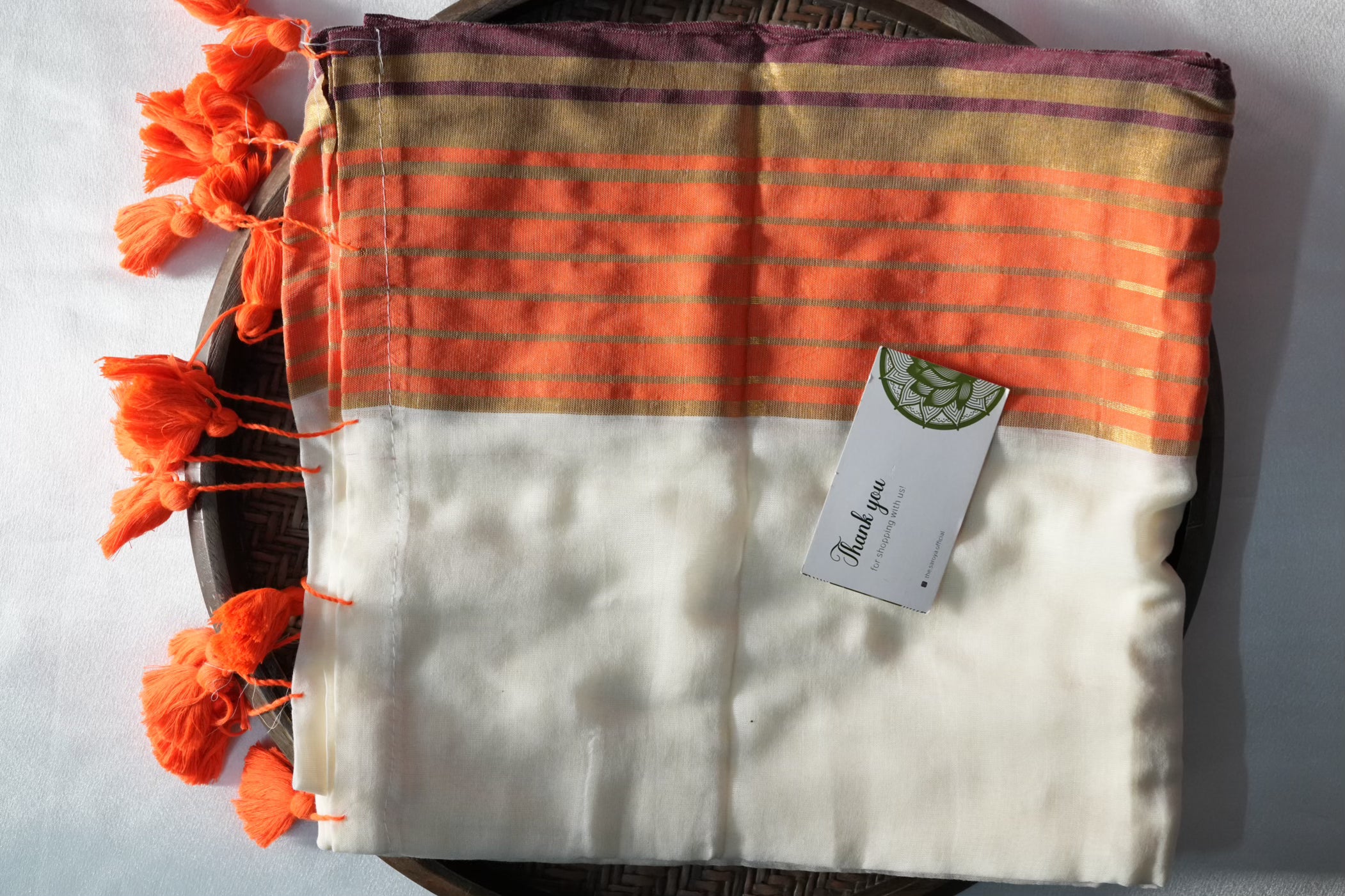 Artistic Orange & Gold Accented Mul Cotton Saree