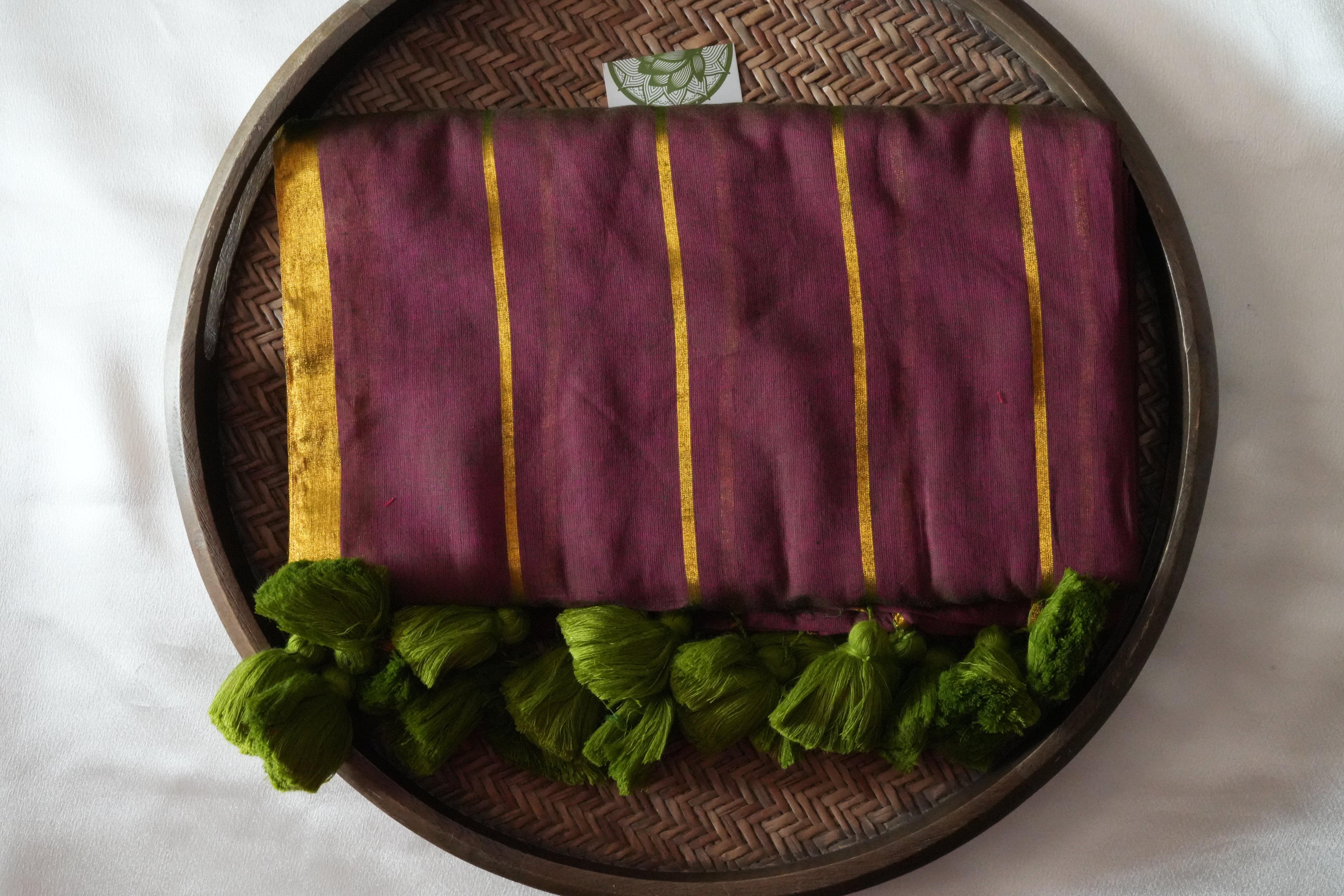 Luxurious Wine Purple Mul Cotton Saree with Olive Green Tassels