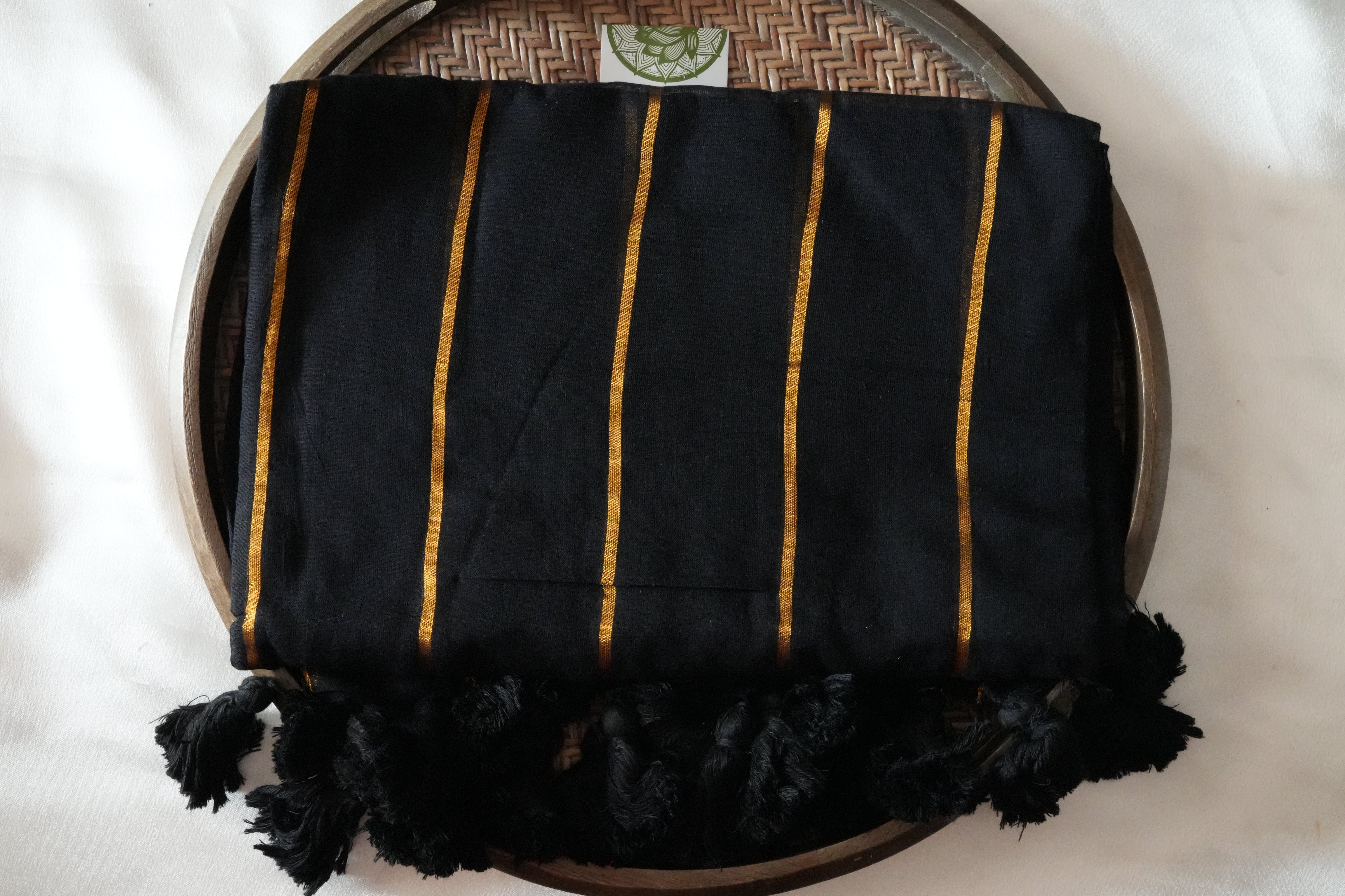 Elegant Midnight Black Mul Cotton Saree with Classic Gold Zari
