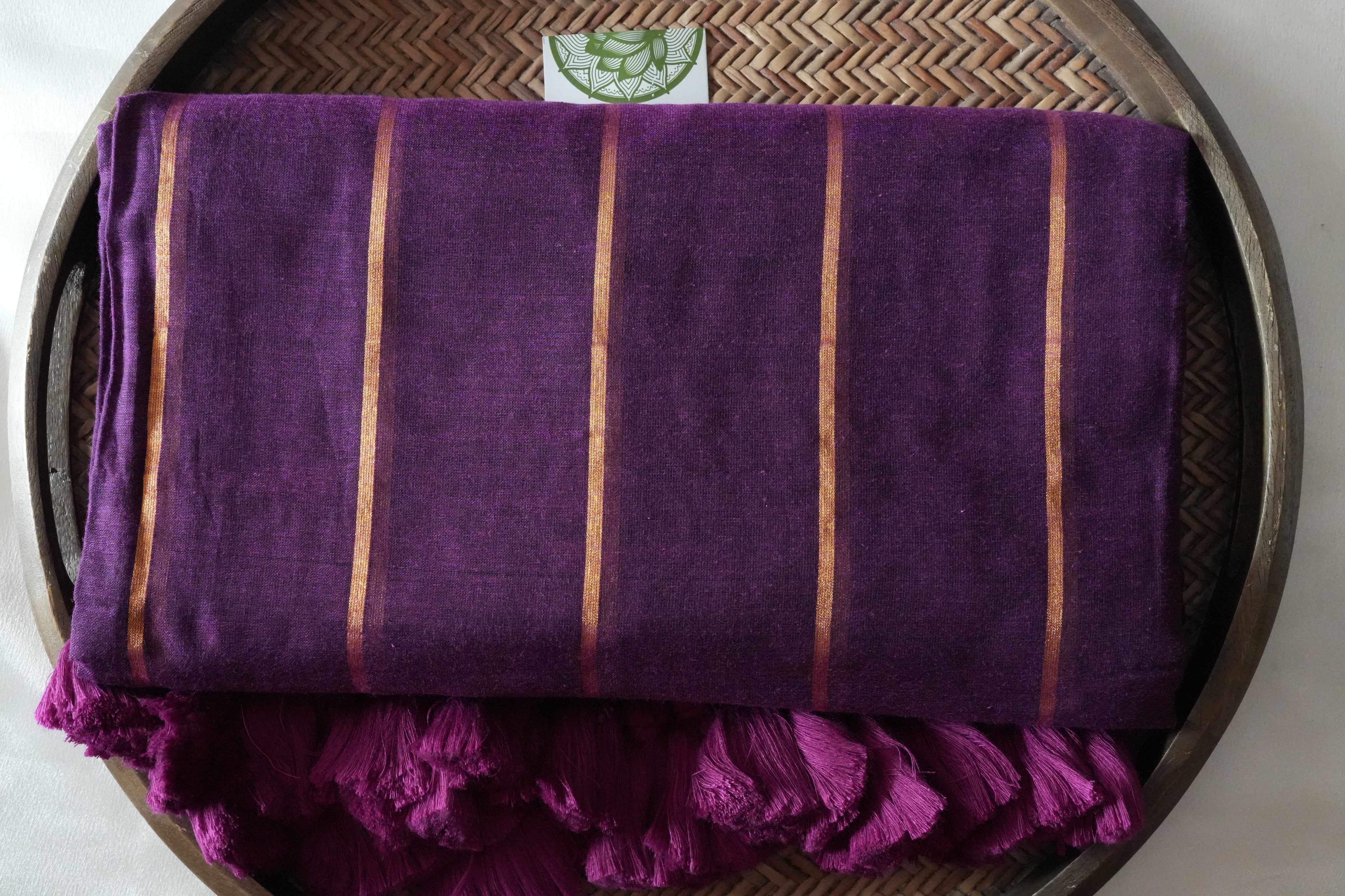 Regal Plum Mul Cotton Saree with Rich Berry Tassels