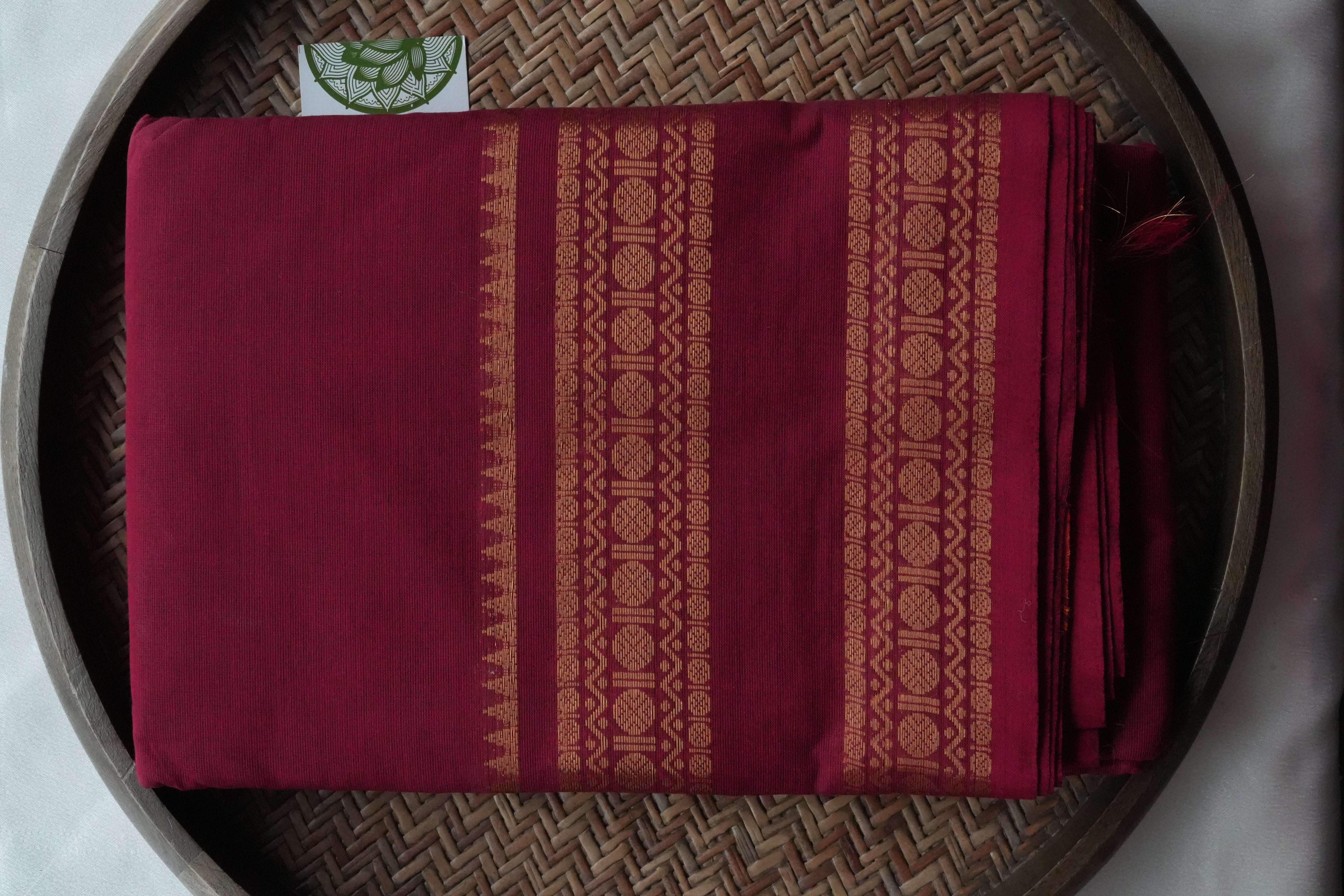 Sophisticated Maroon Kanchi Cotton Saree with Traditional Gold Zari Borders