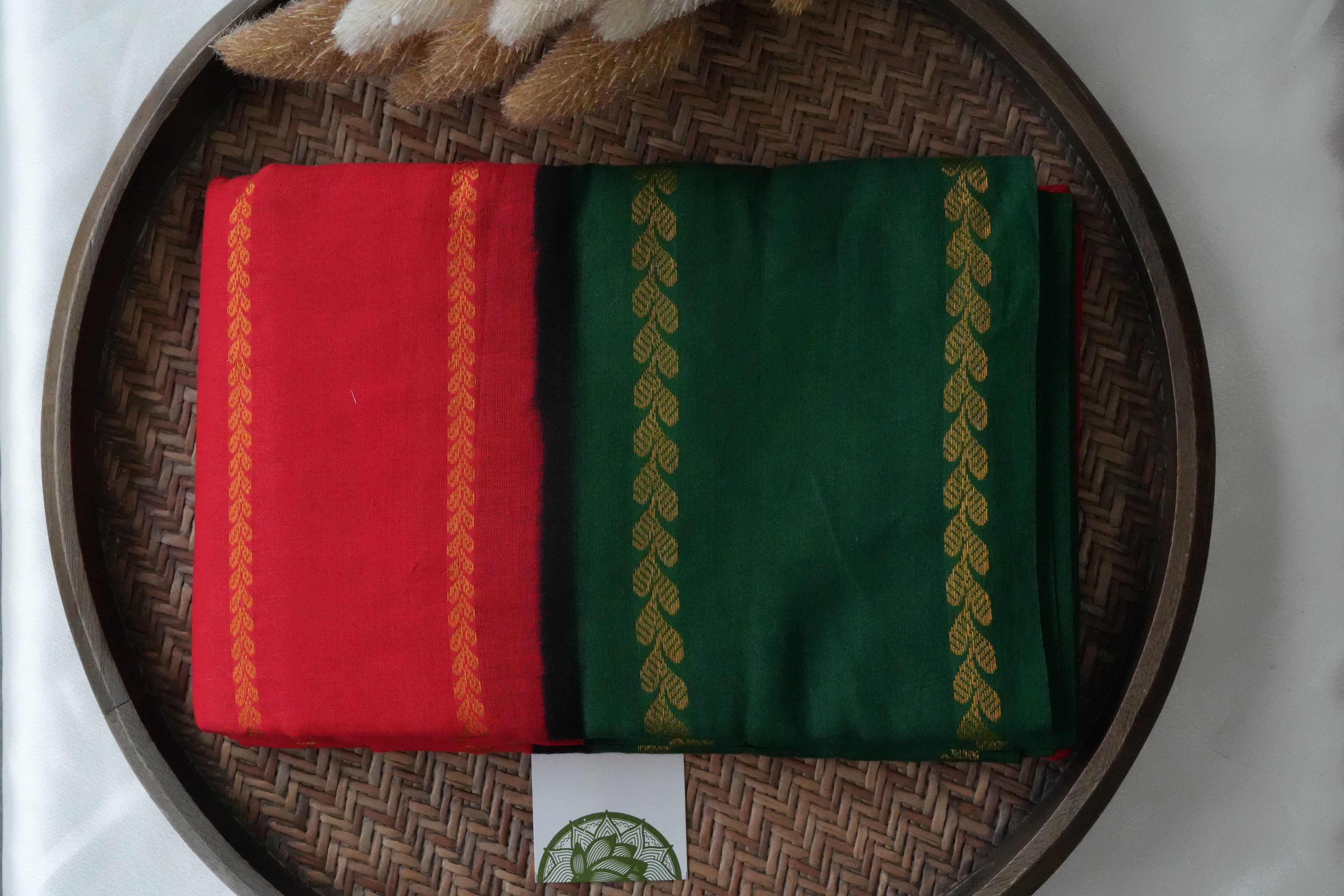 Vibrant Crimson & Forest Green Kanchi Cotton Saree with Leafy Zari Vine Borders