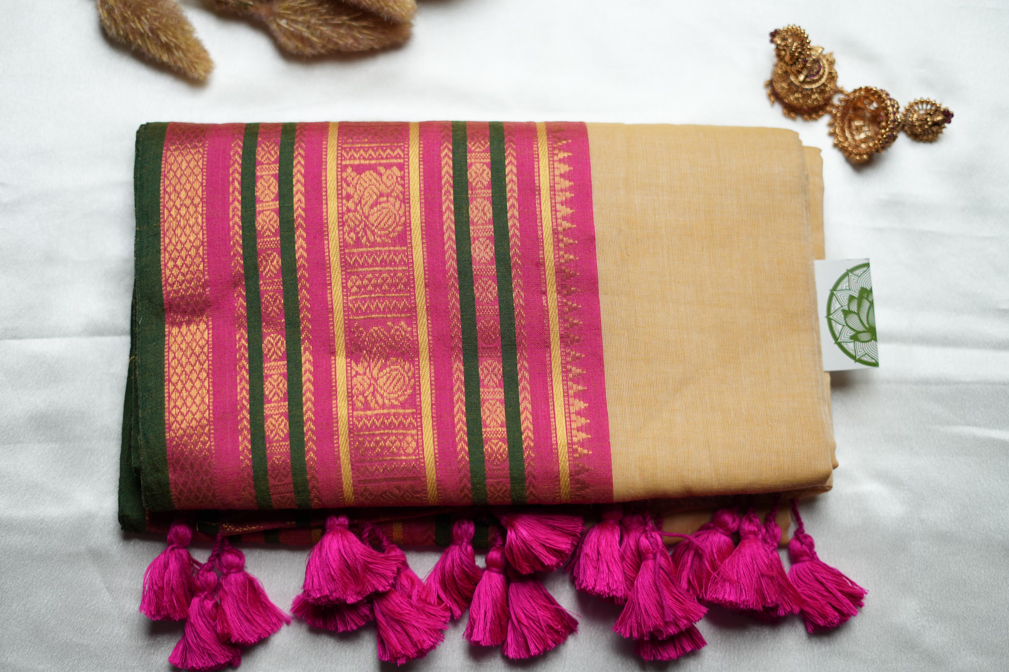 Elegant Sand-Beige body Mul Cotton Saree with Magenta & Emerald Borders