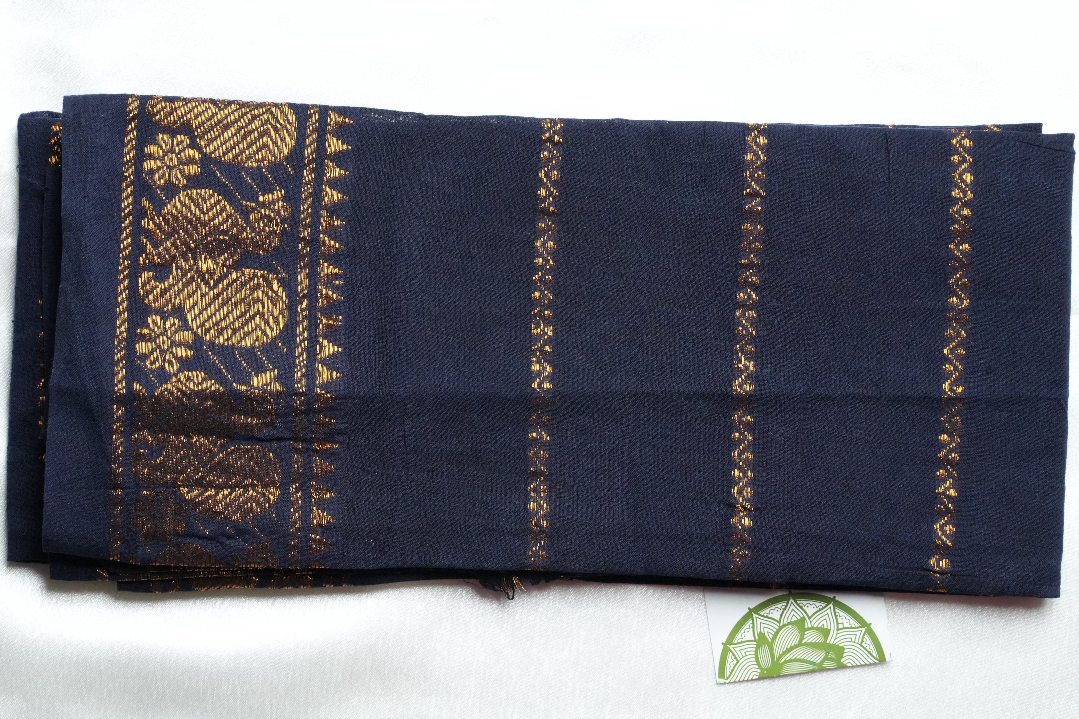 Navy Blue Designer Pure Cotton Blouse Piece with Gold Annapakshi Motifs