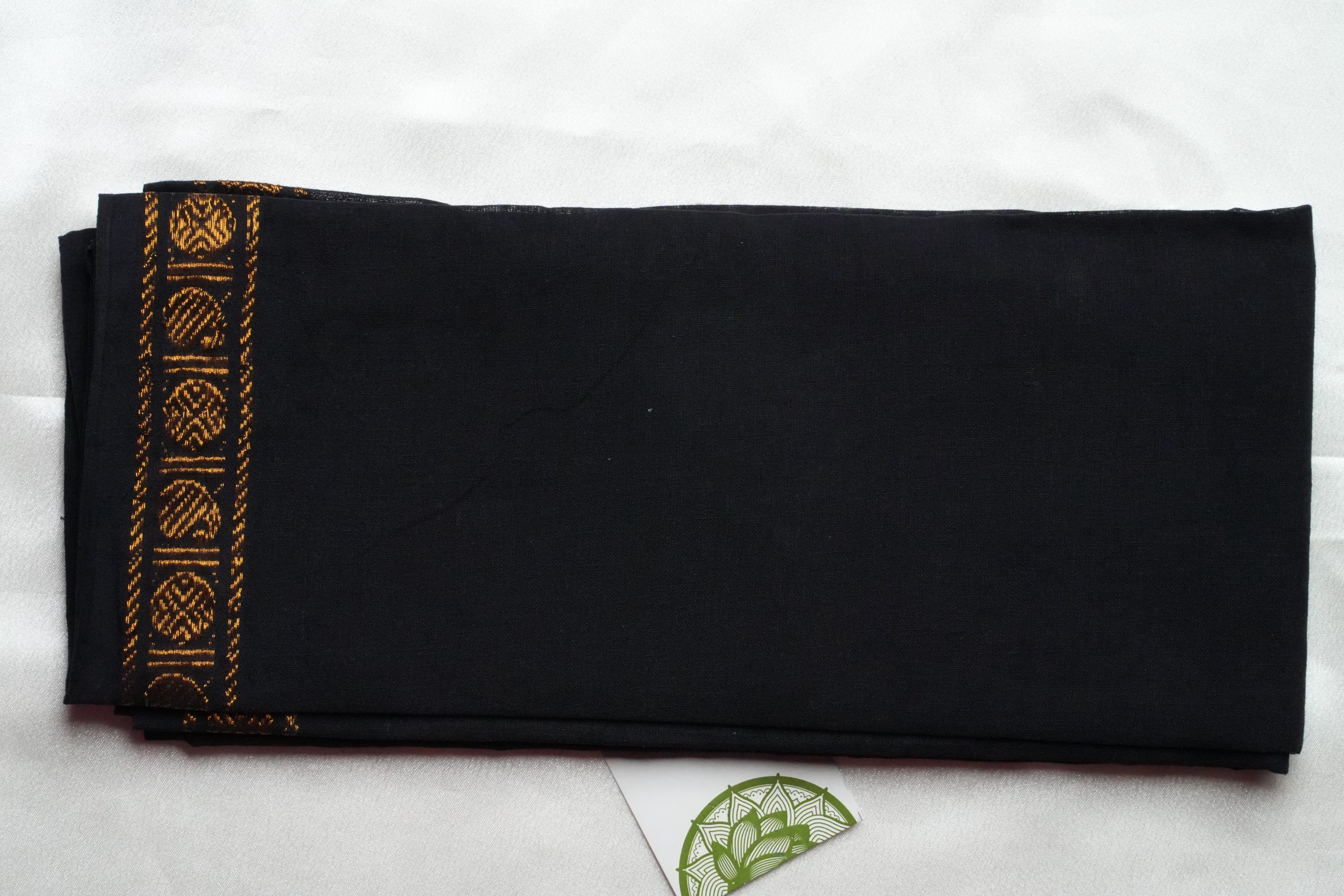 Jet Black Designer Pure Cotton Blouse Piece with Gold Geometric Border