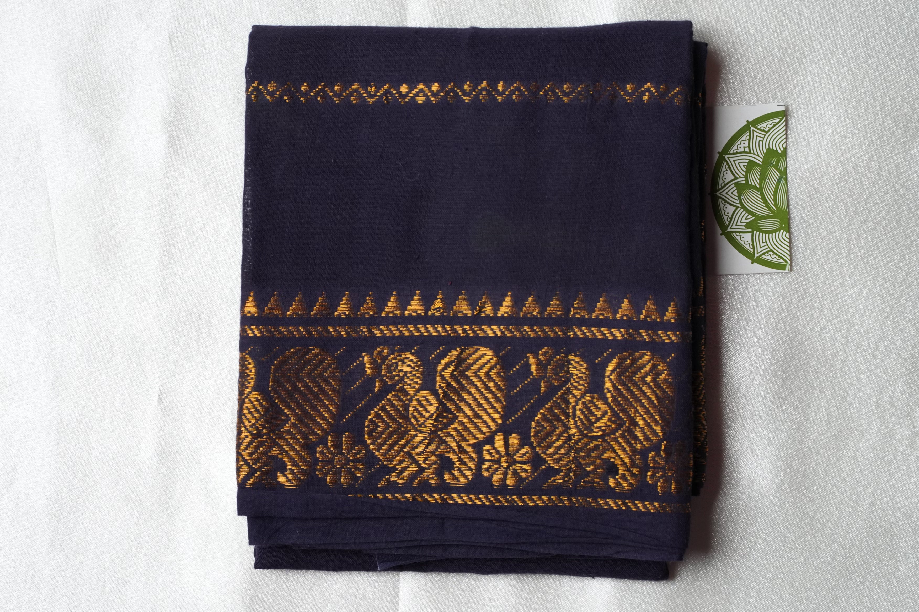 Royal Blue Designer Pure Cotton Blouse Piece with Gold Annapakshi Motifs