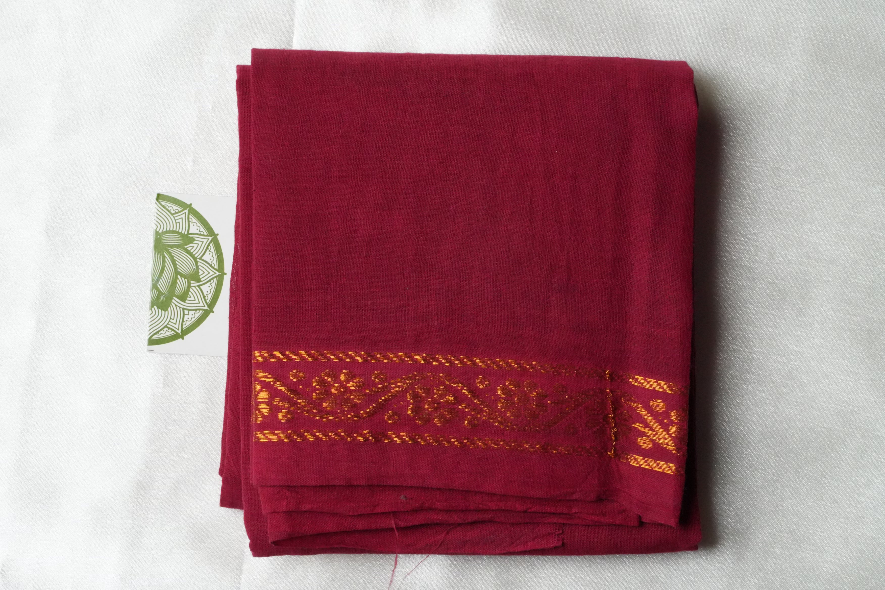 Deep Maroon Designer Pure Cotton Blouse Piece with Gold Floral Creeper Border