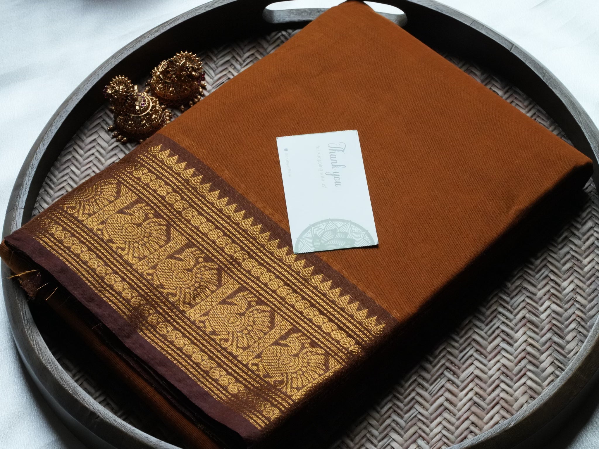 Designer Mustard Brown Kanchi Cotton Saree with Traditional Annapakshi Border