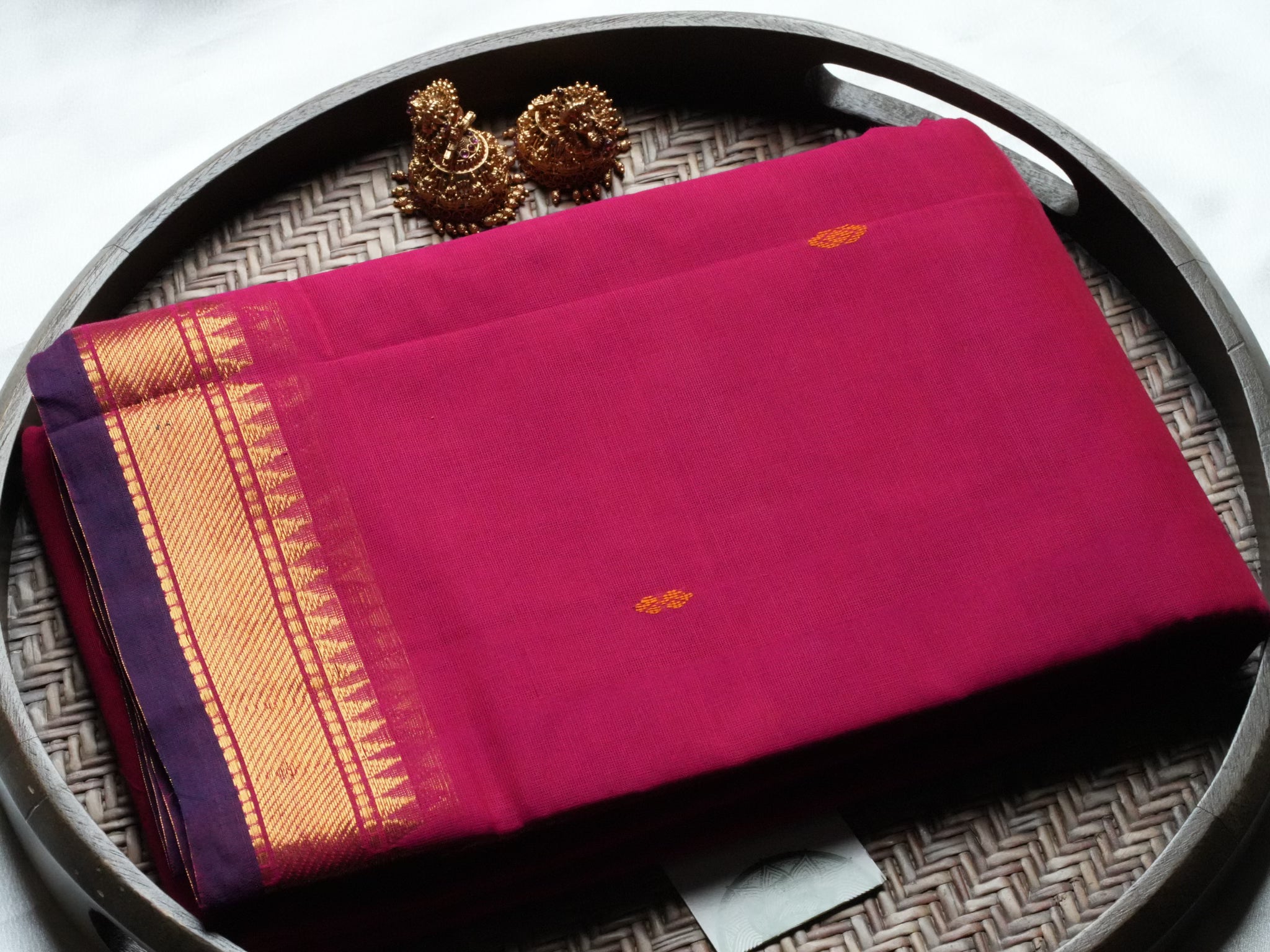 Designer Rani Pink Kanchi Cotton Saree with Purple Border & Gold Buttas