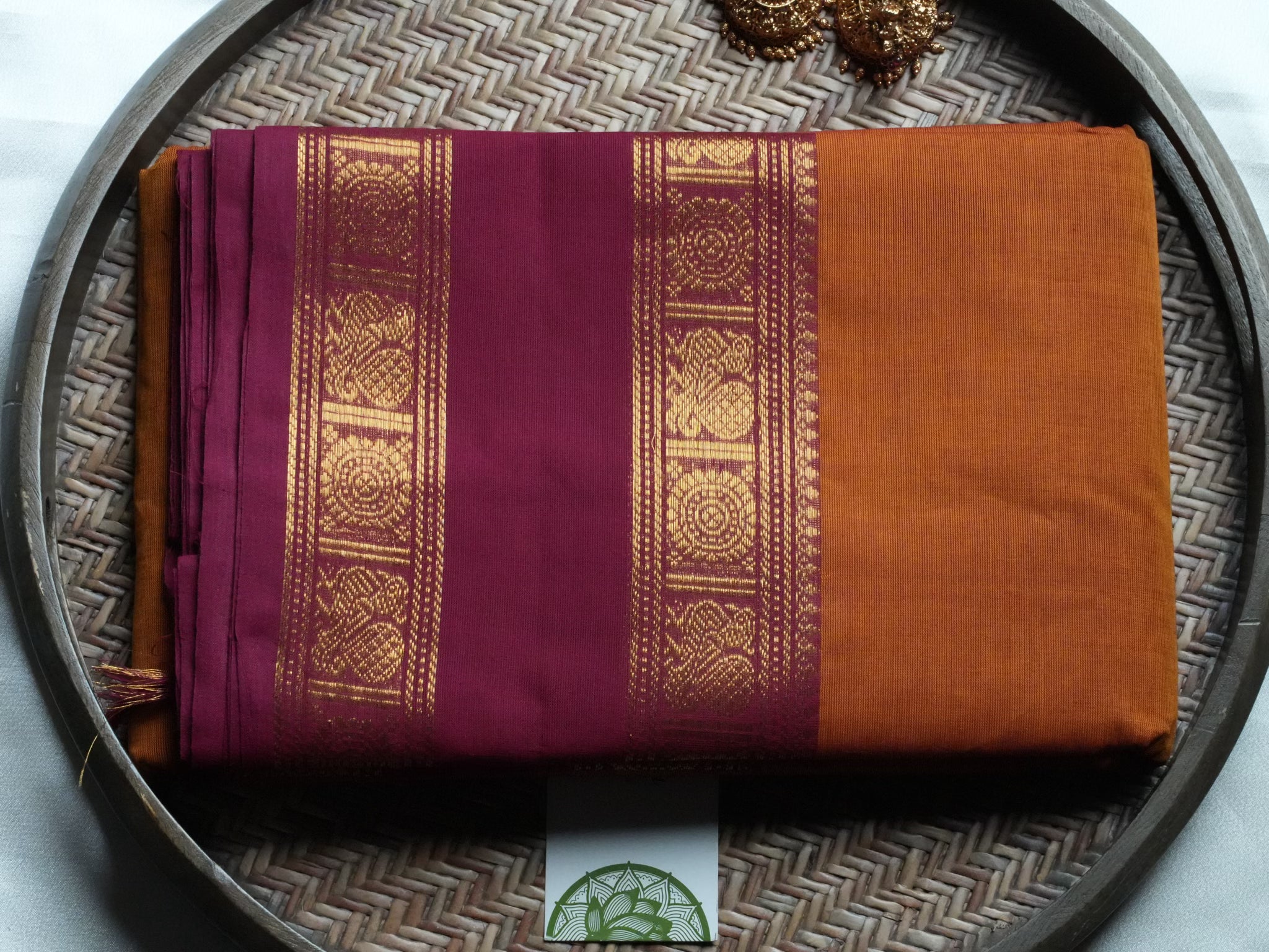 Designer Mustard Orange Kanchi Cotton Saree with Wine Annapakshi Border