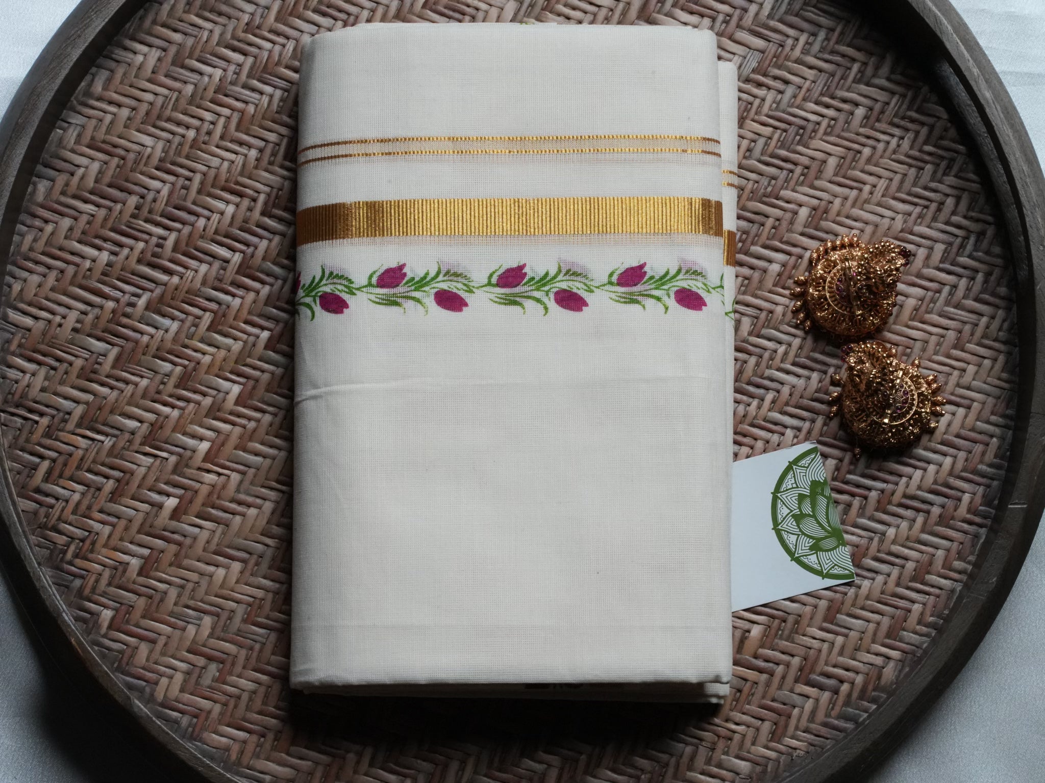 Hand-Painted Floral Kerala Set Mundu with blooming purple tulips and green leaves and Golden Kasavu Border