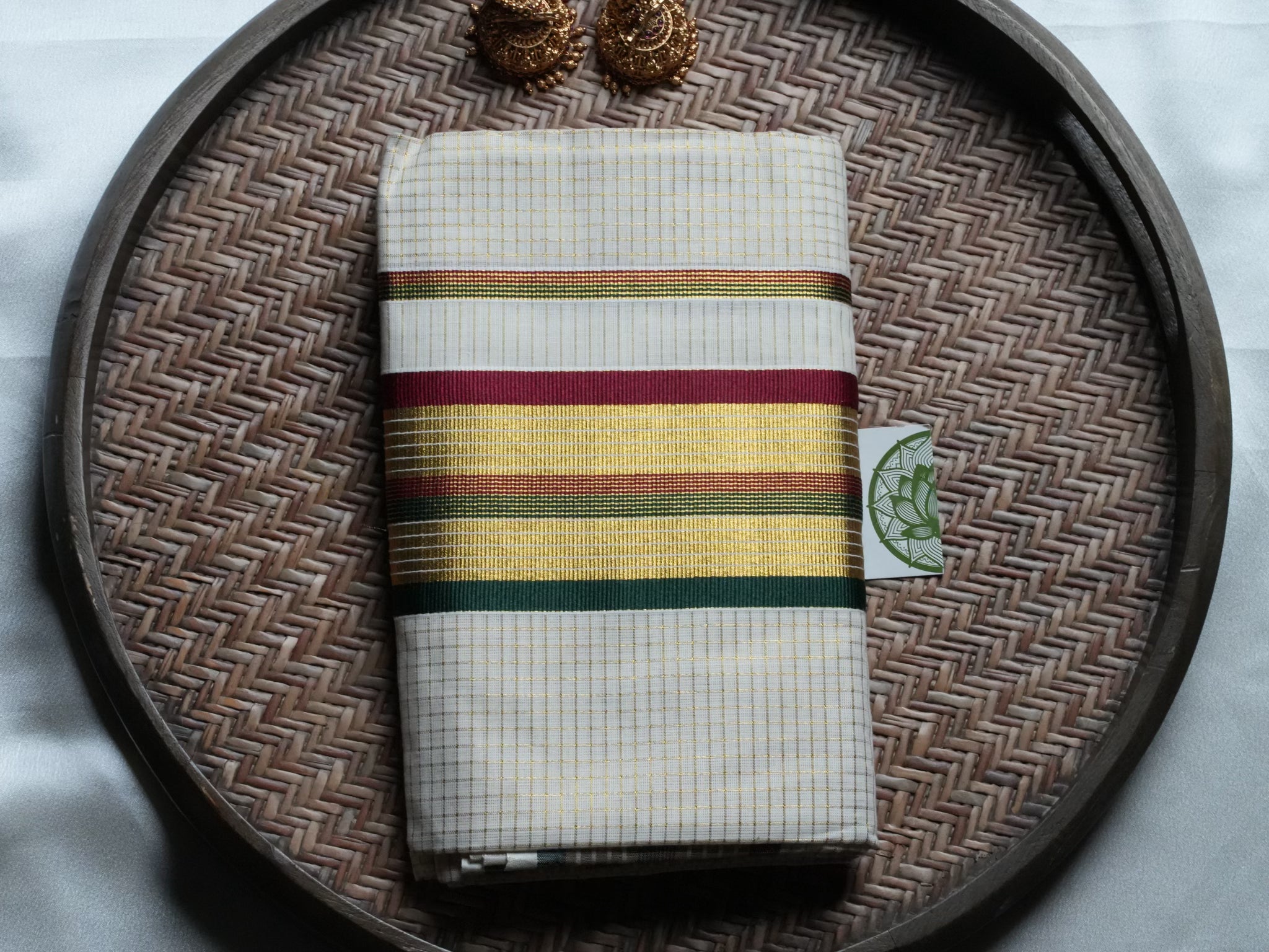 Designer Kerala Set Mundu with Multi-Color Stripes and Golden Zari