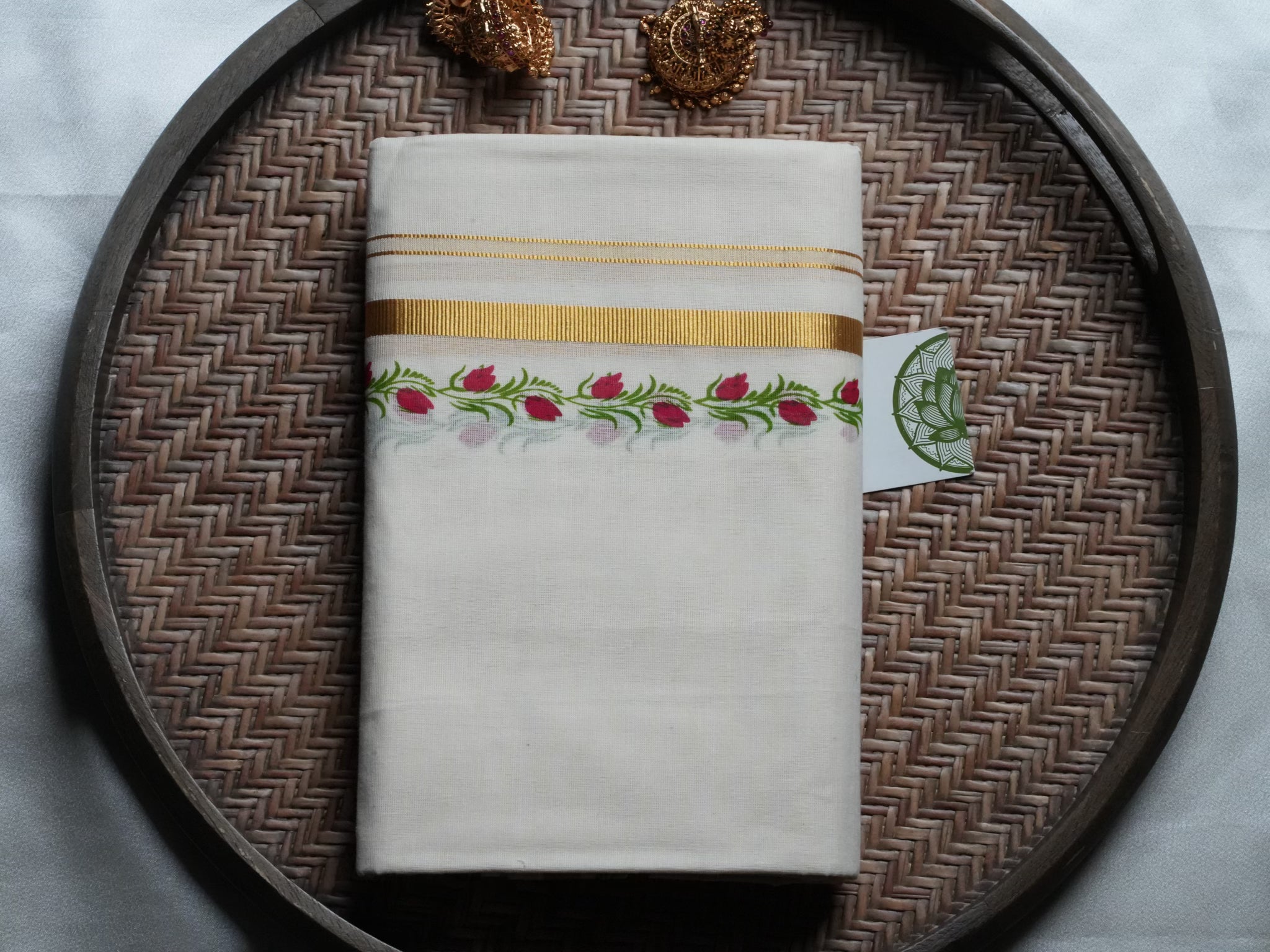 Hand-Painted Floral blooming red tulips Kerala Set Mundu with Golden Kasavu Border