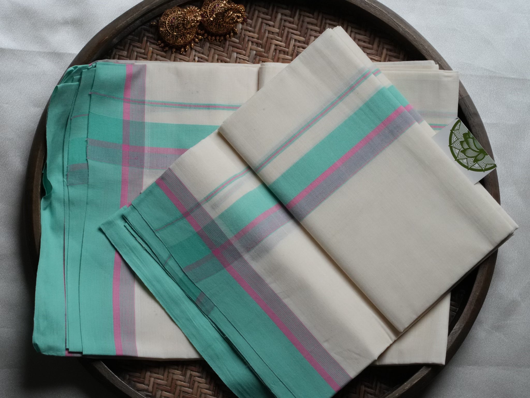 Designer Mint Green and Pink Mulloth Kerala Set Mundu