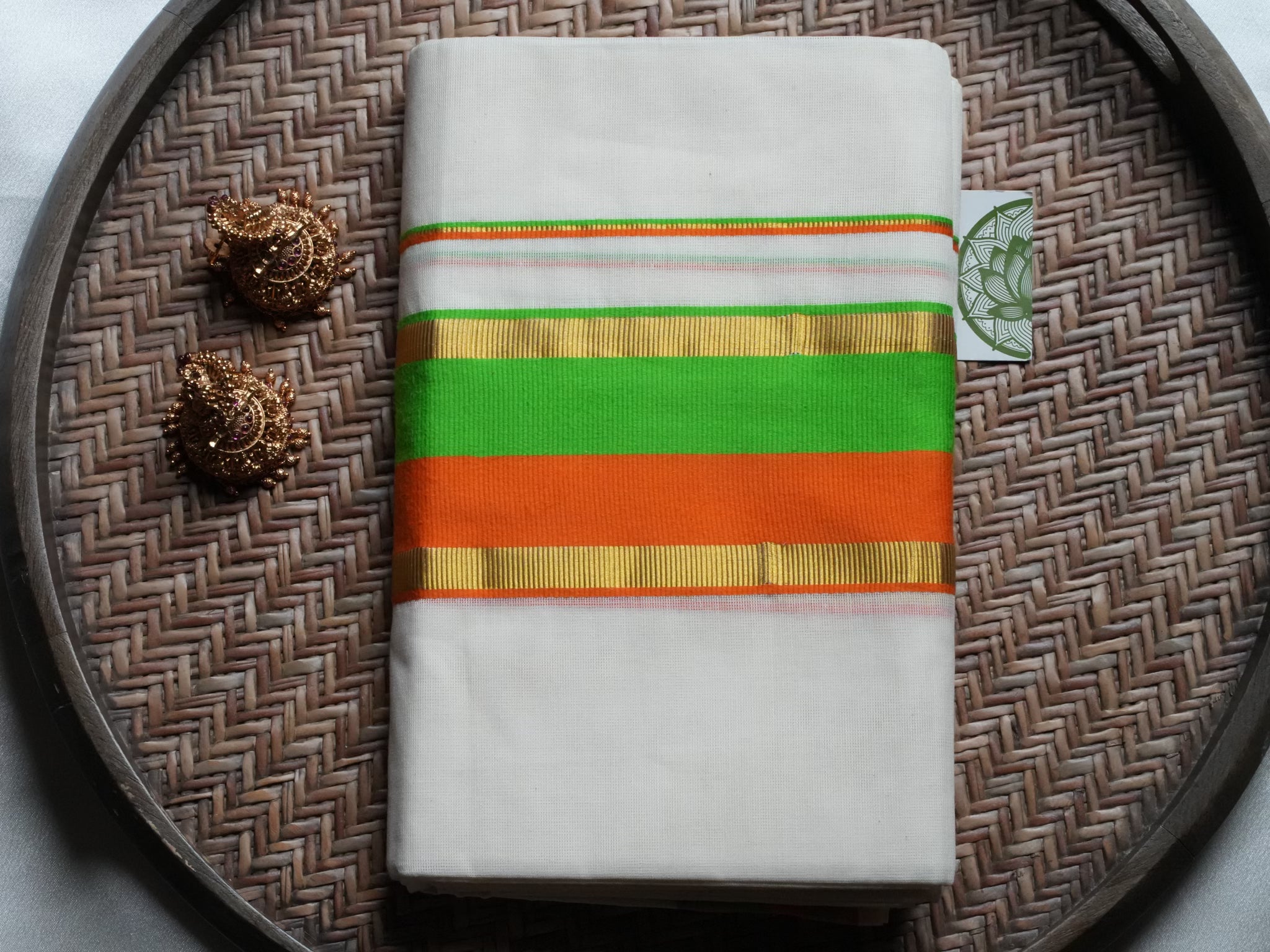 Designer Orange and Green Contrast Kerala Set Mundu