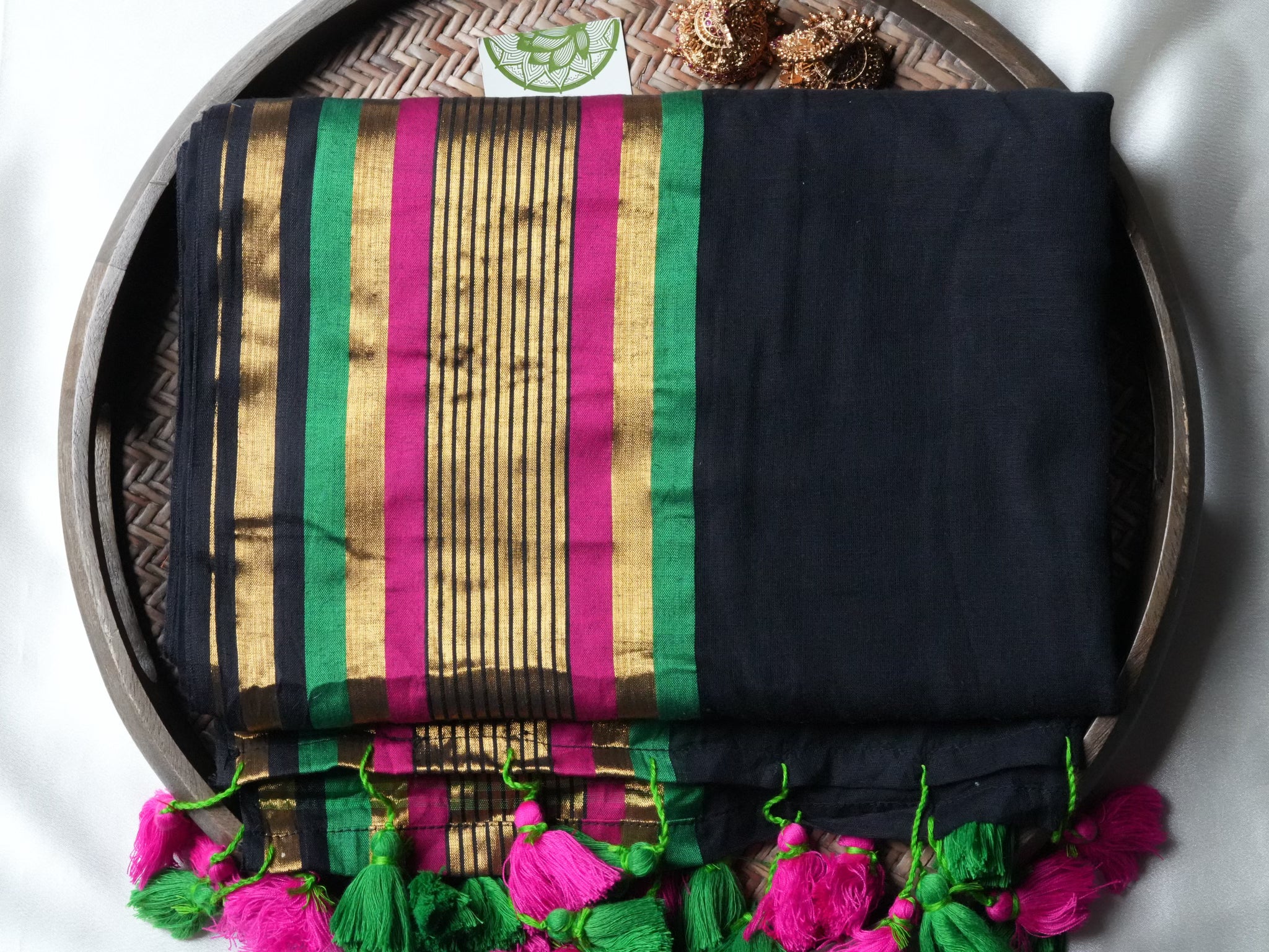 Designer Black Mul Cotton Saree with Magenta and Green Accents