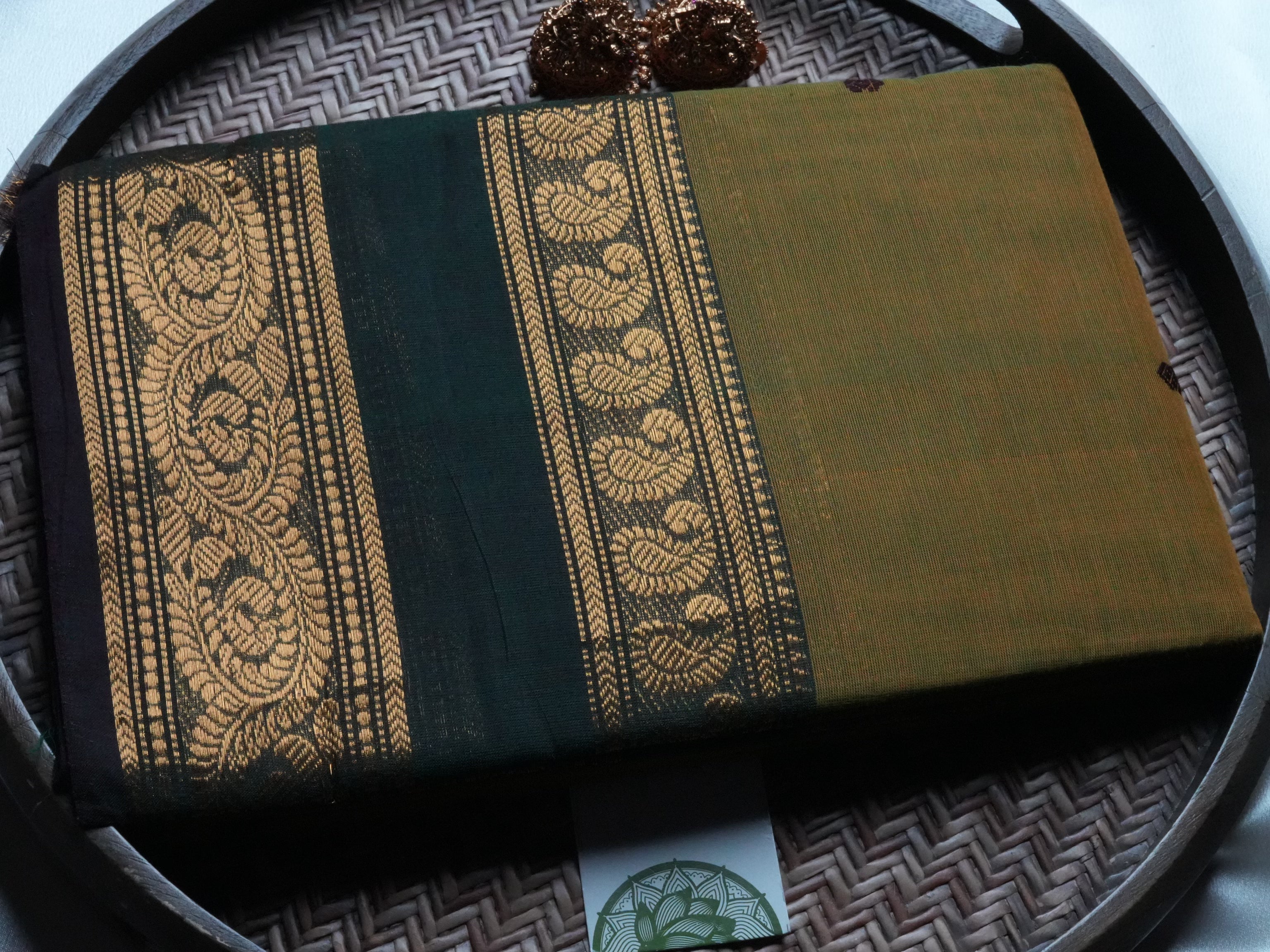 Stately Forest Green and Olive Kanchi Cotton Saree