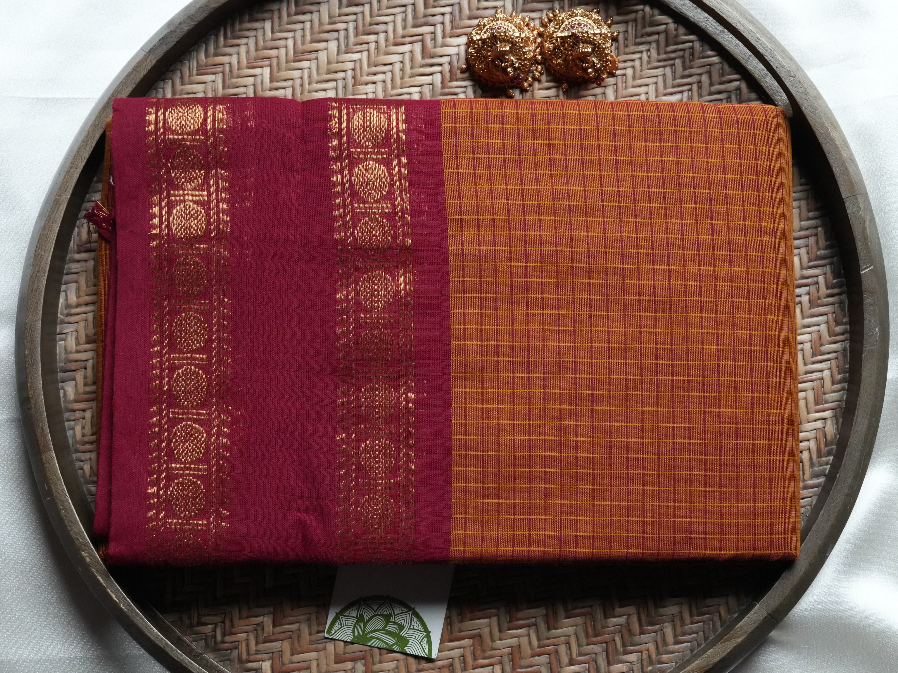 Rusty Orange and Rani Pink Checkered Kanchi Cotton Saree