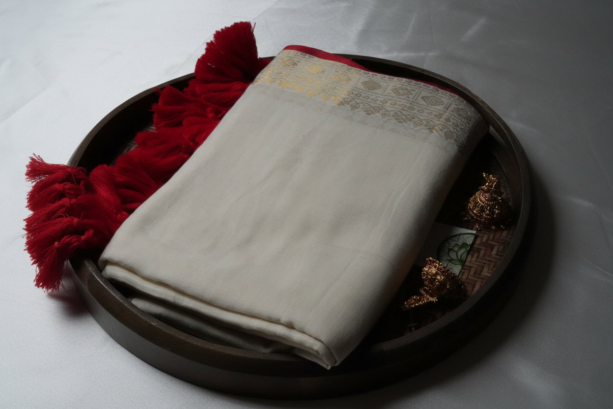 Elegant Ivory Mul Cotton Saree with Crimson Tassels
