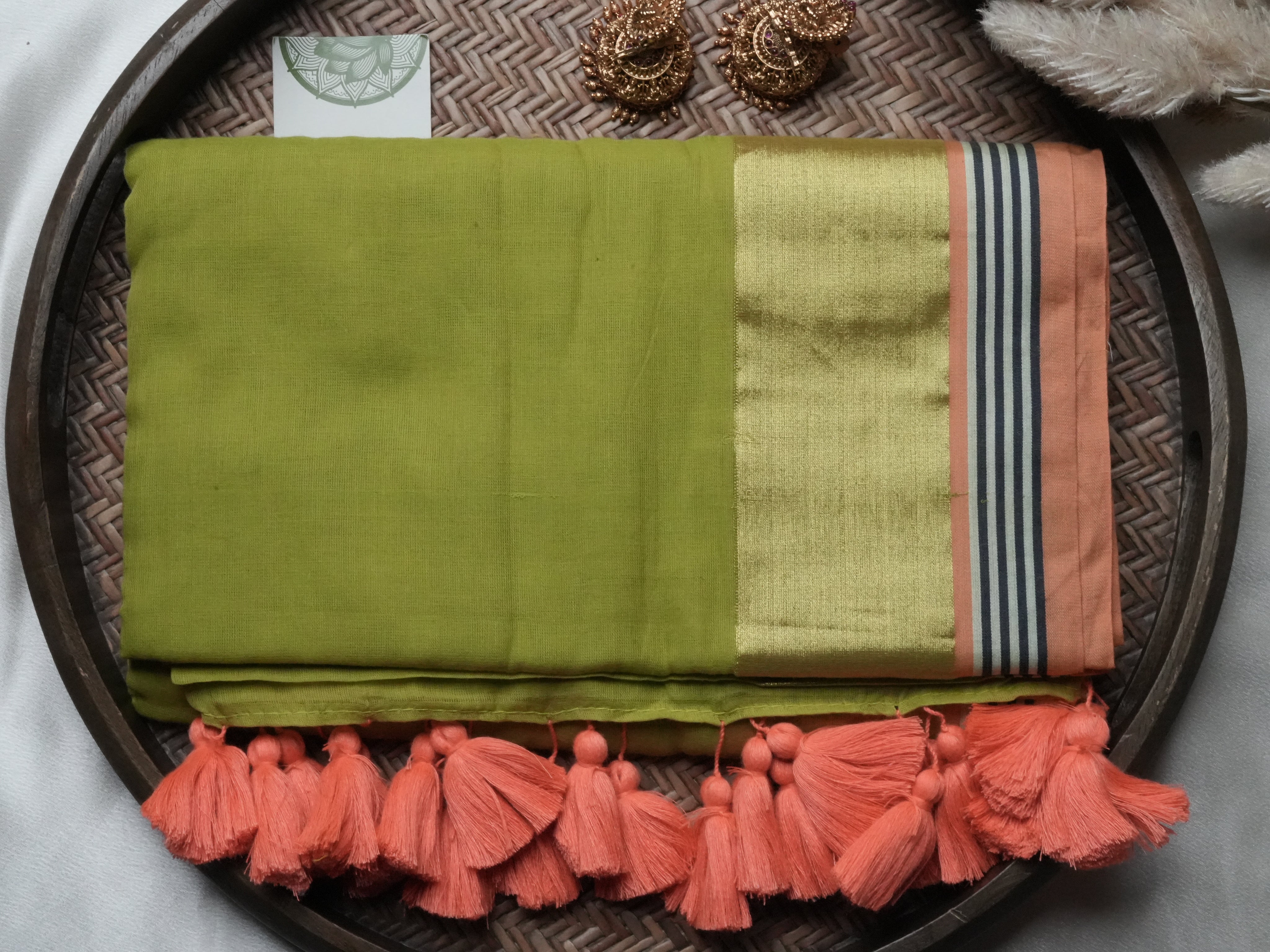 Olive Green & Coral Peach Border Edition Mulcotton Saree 🌿