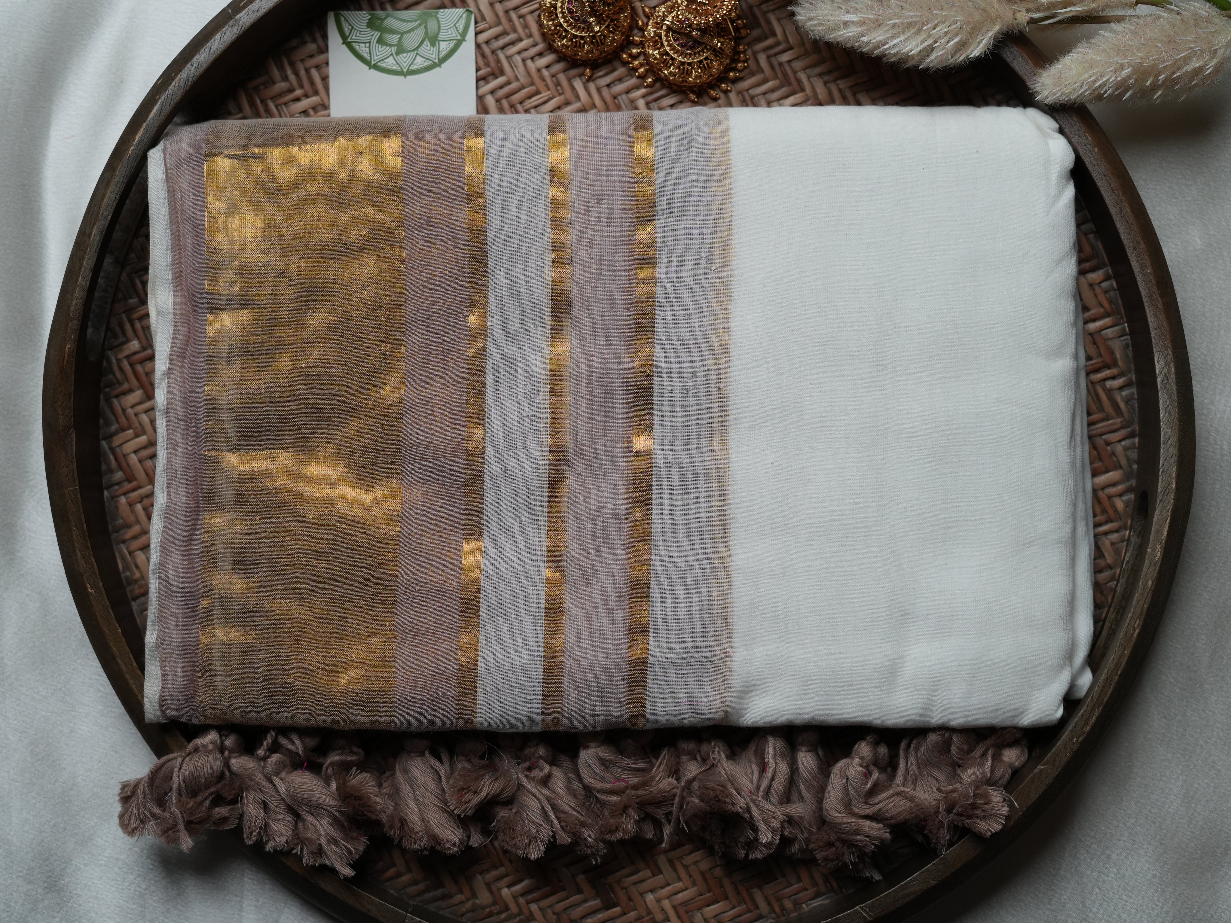 Ash Grey & Gold Zari Accent Mulcotton Saree 🟤