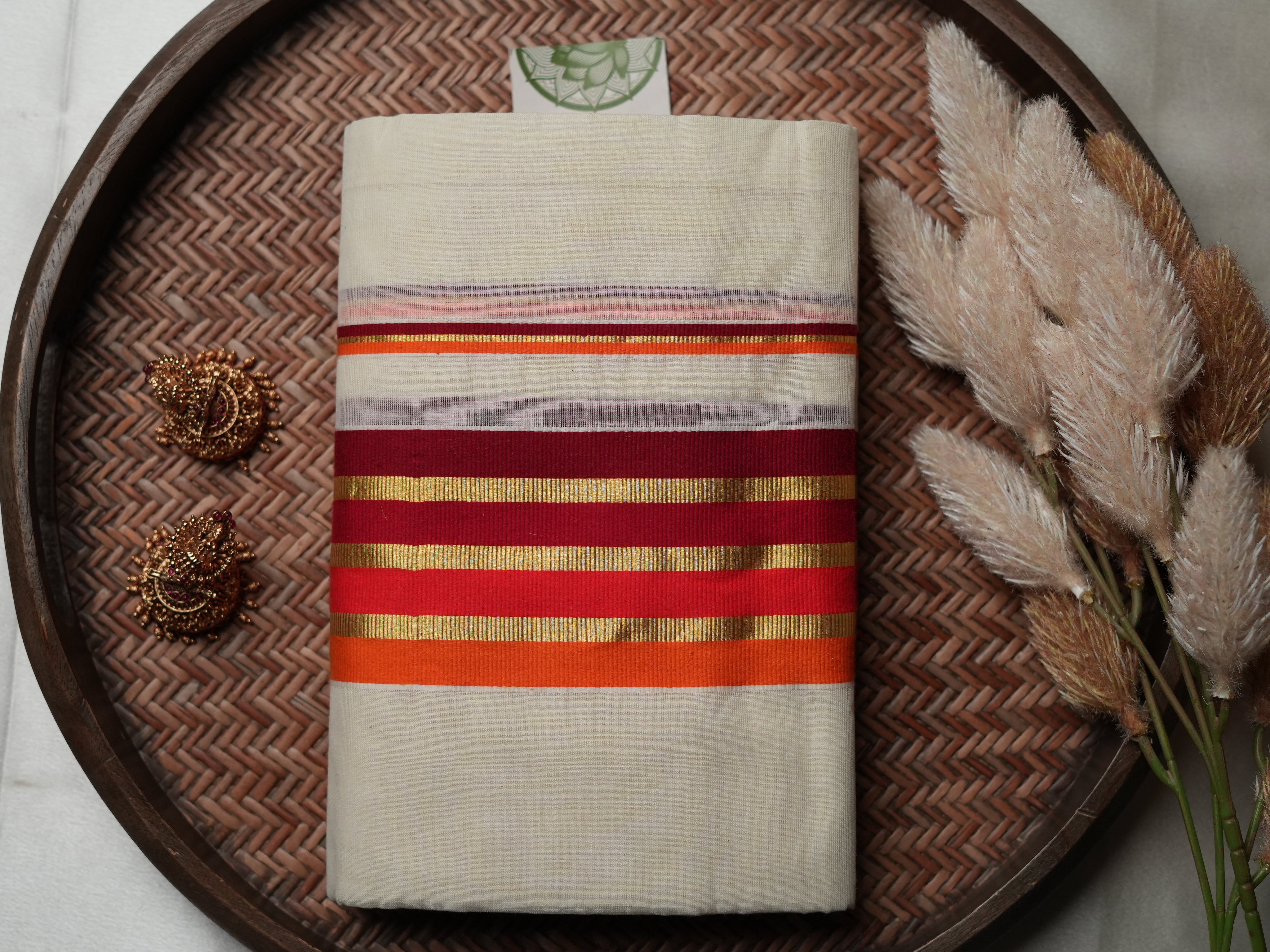 Contemporary Kerala Single Set Mundu with Multi-Color Striped Borders
