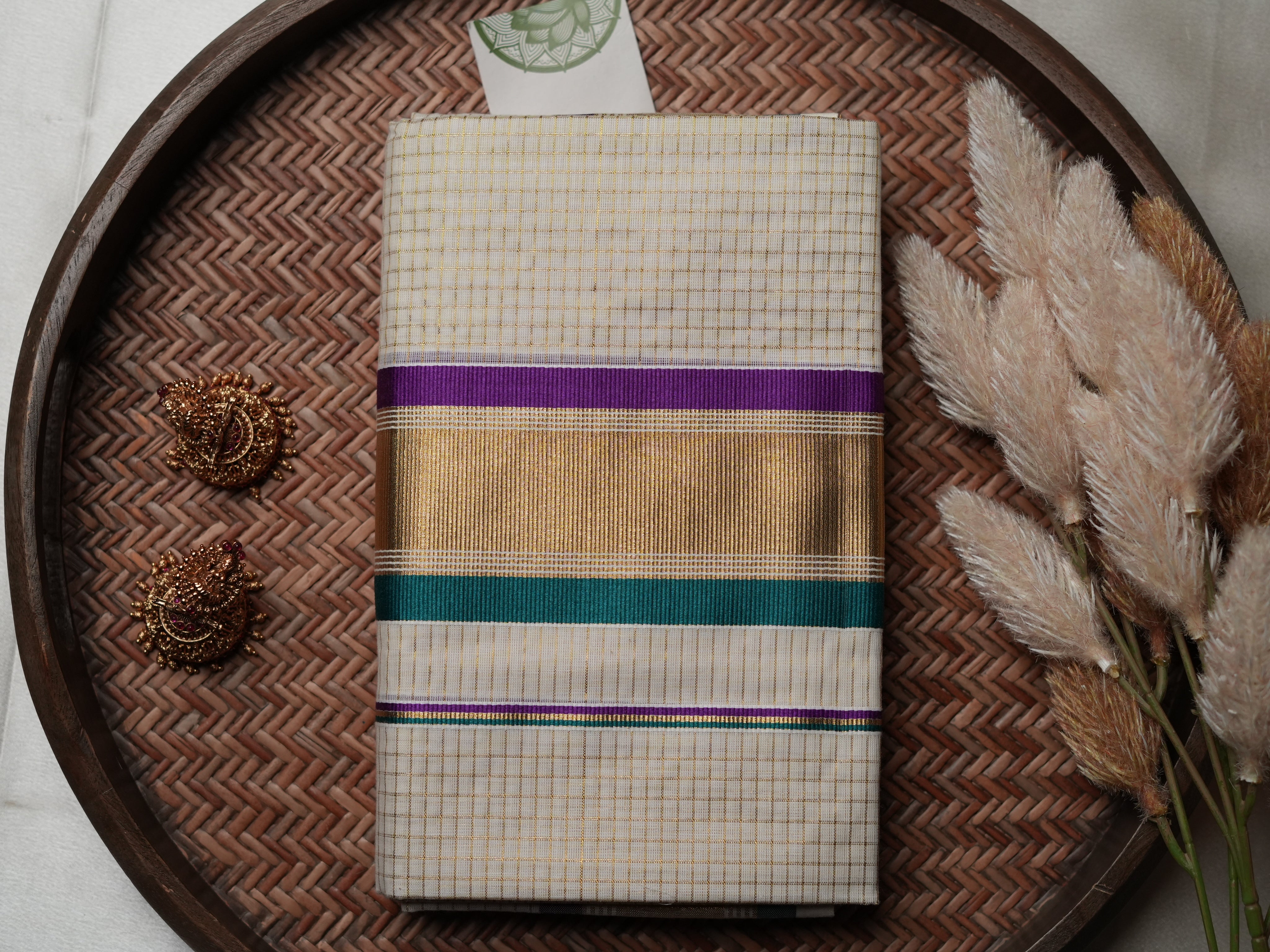 Contemporary Kerala Single Set Mundu with Bold Navy & Silver Striped Borders