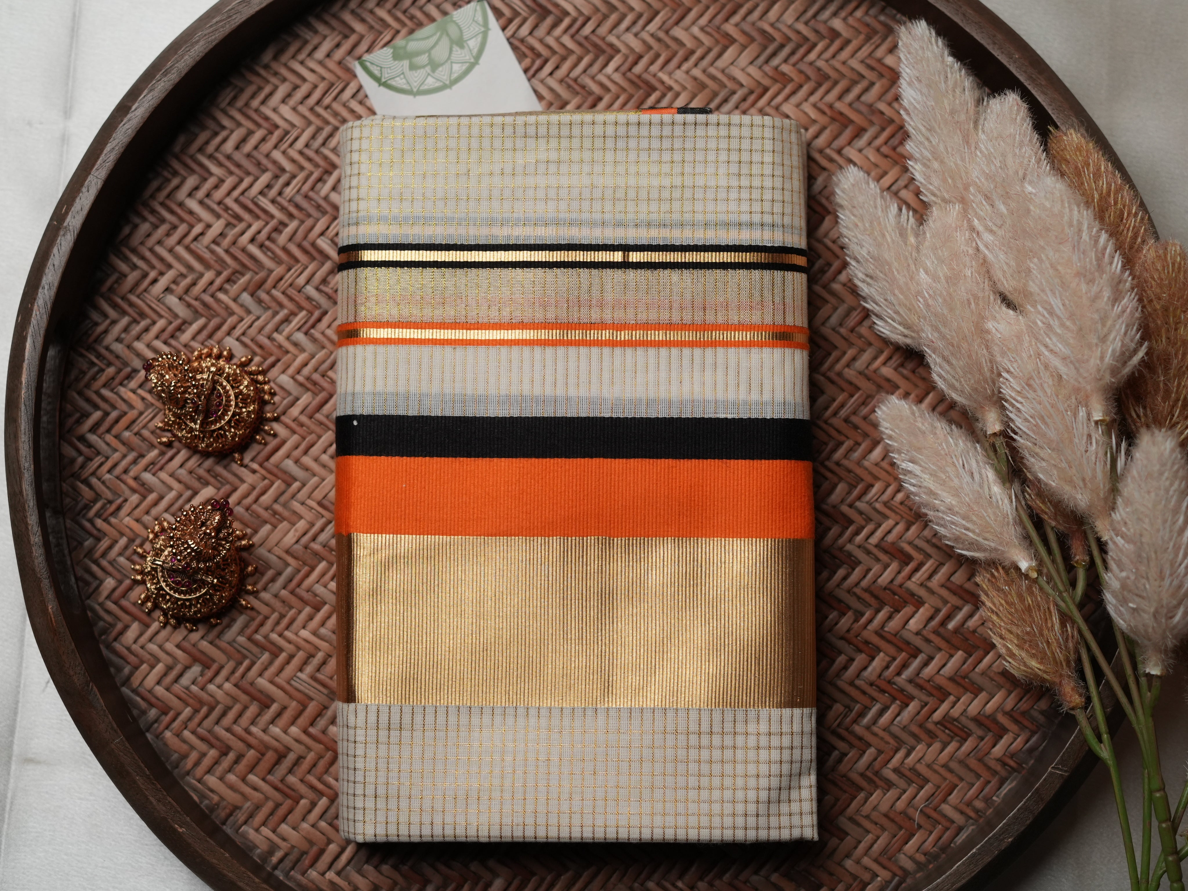 Premium Kerala Single Set Mundu with Vibrant Orange and Multi-Color Borders
