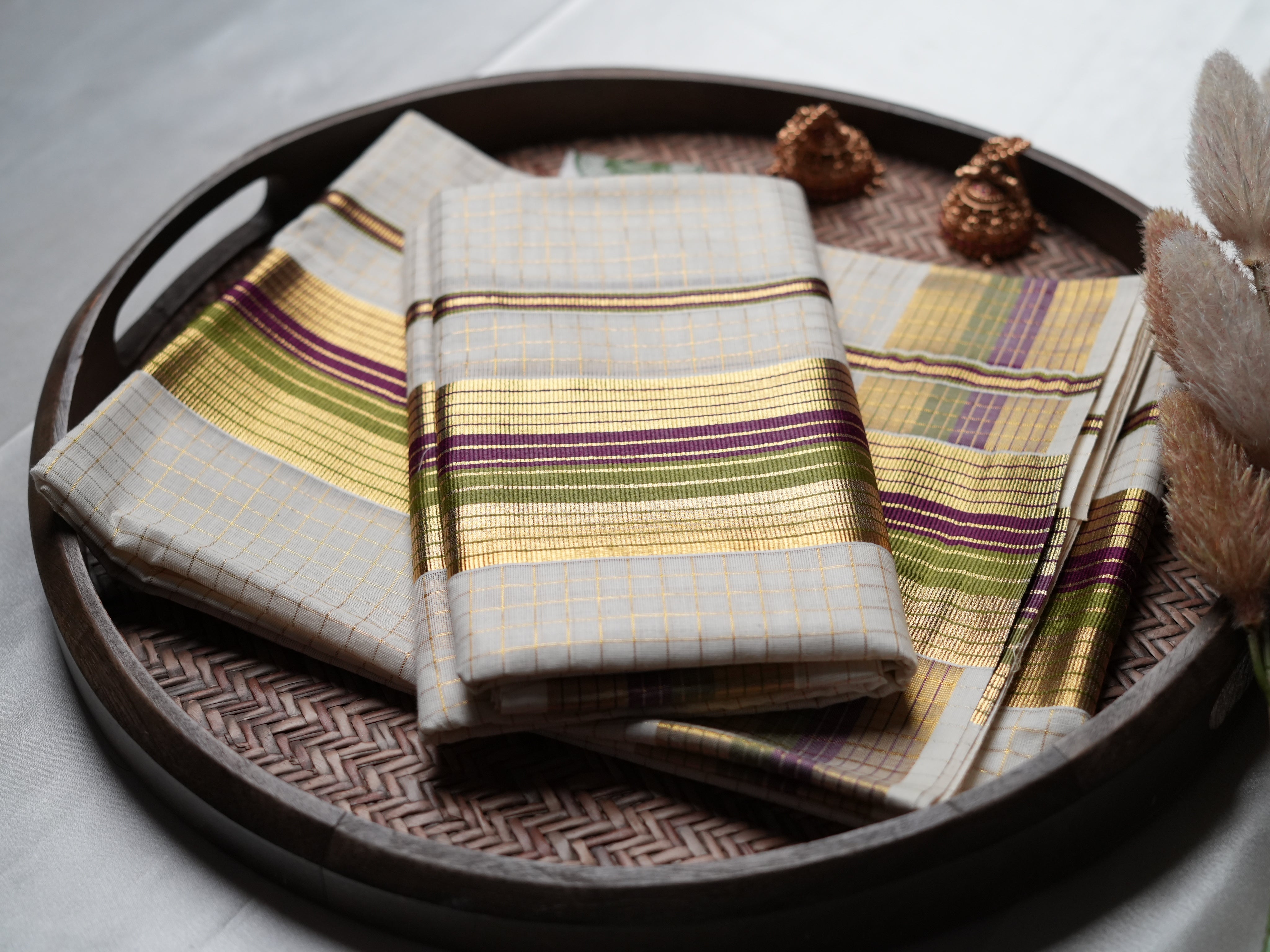 Traditional Charm: Handloom Replica Kerala Set Mundu in olive gree, deep magenta & purple