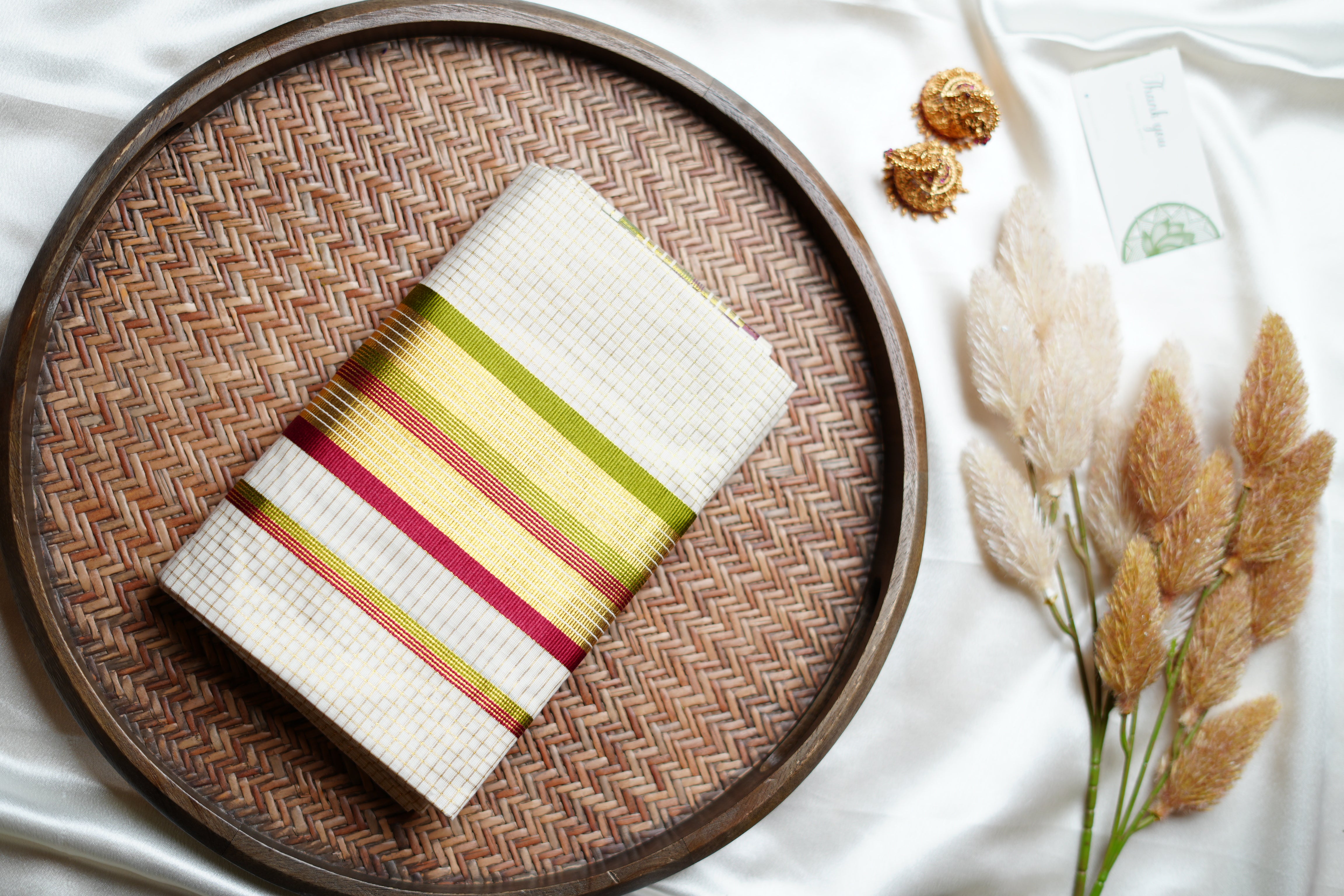 Contemporary Kerala Single Set Mundu with Vibrant Multi-Color Striped Borders