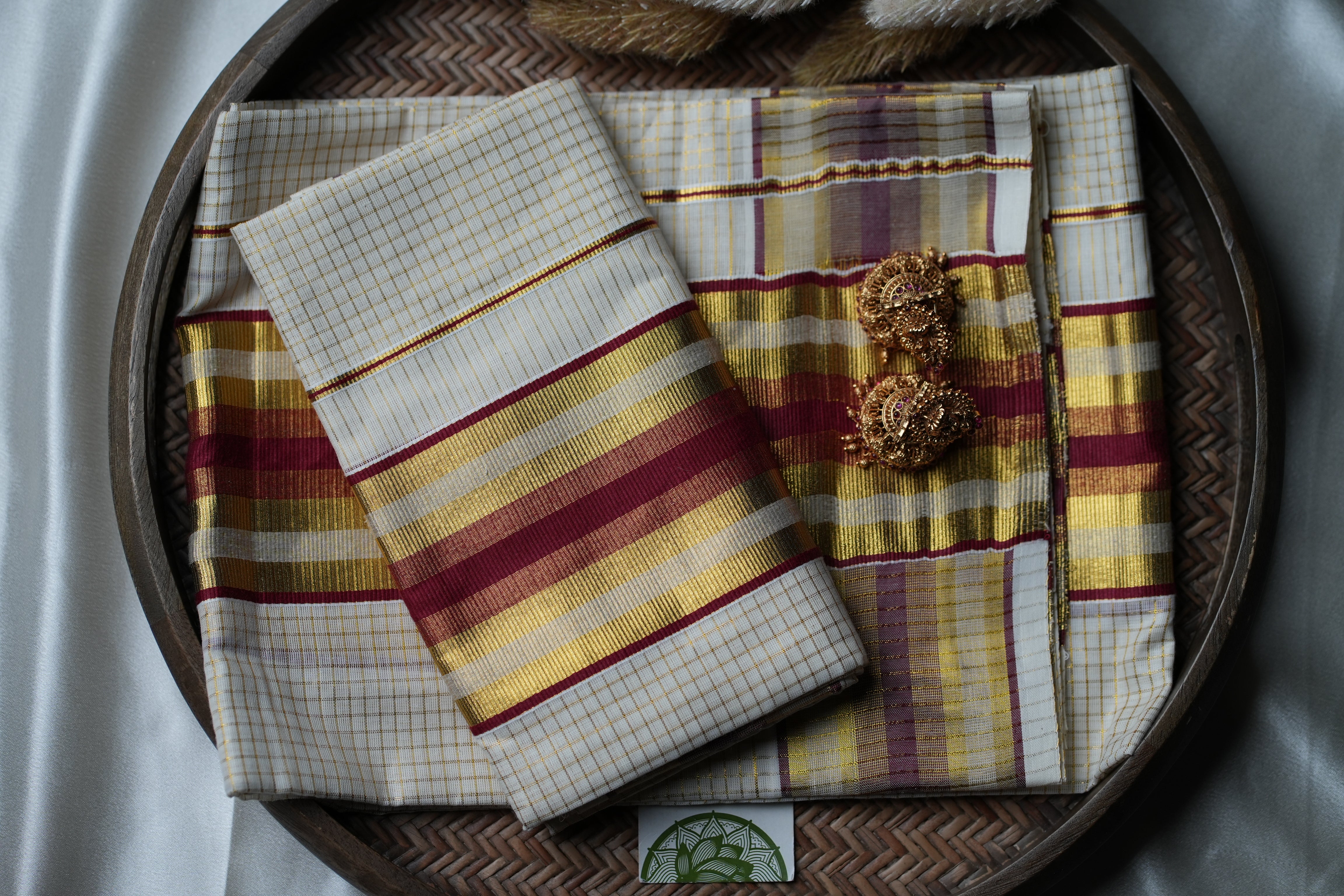Festive Elegance: Premium Kerala Set Mundu with Gold Checks and Maroon Accents
