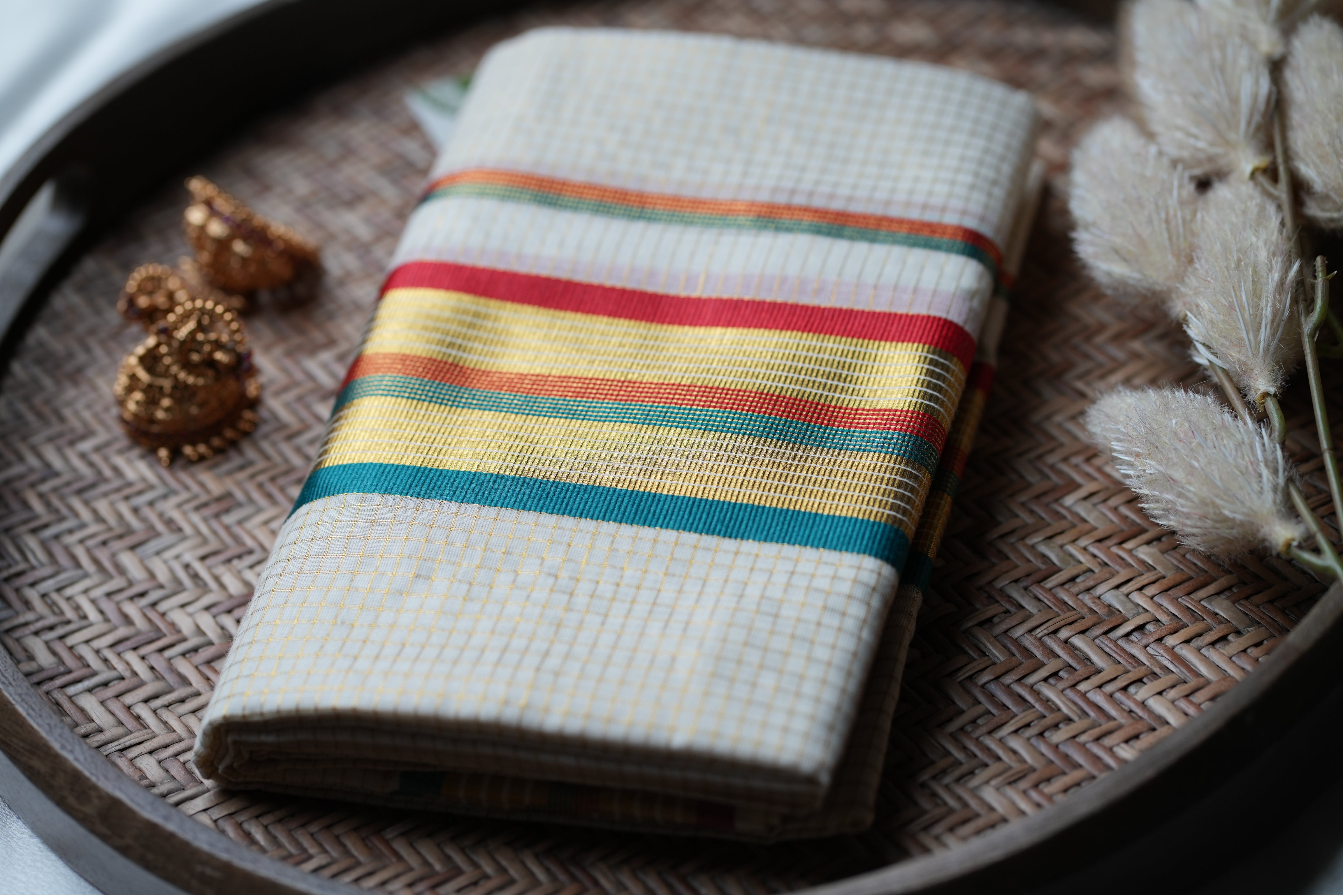 Festive Kaleidoscope: Premium Kerala Set Mundu with Gold Checks and Multi-Tone Accents