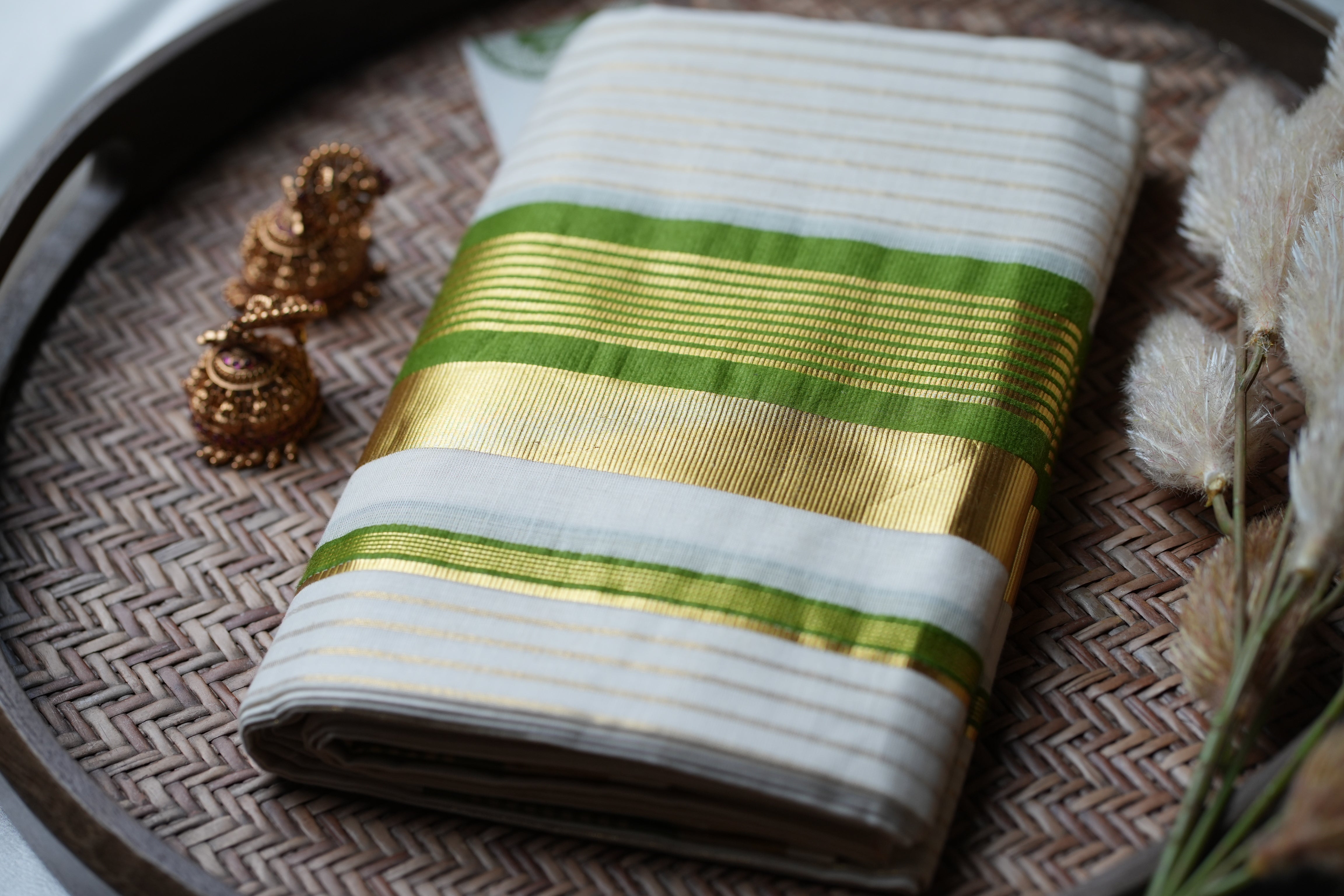 Verdant Majesty: Premium Kerala Set Mundu with Gold Lines and Green Accents