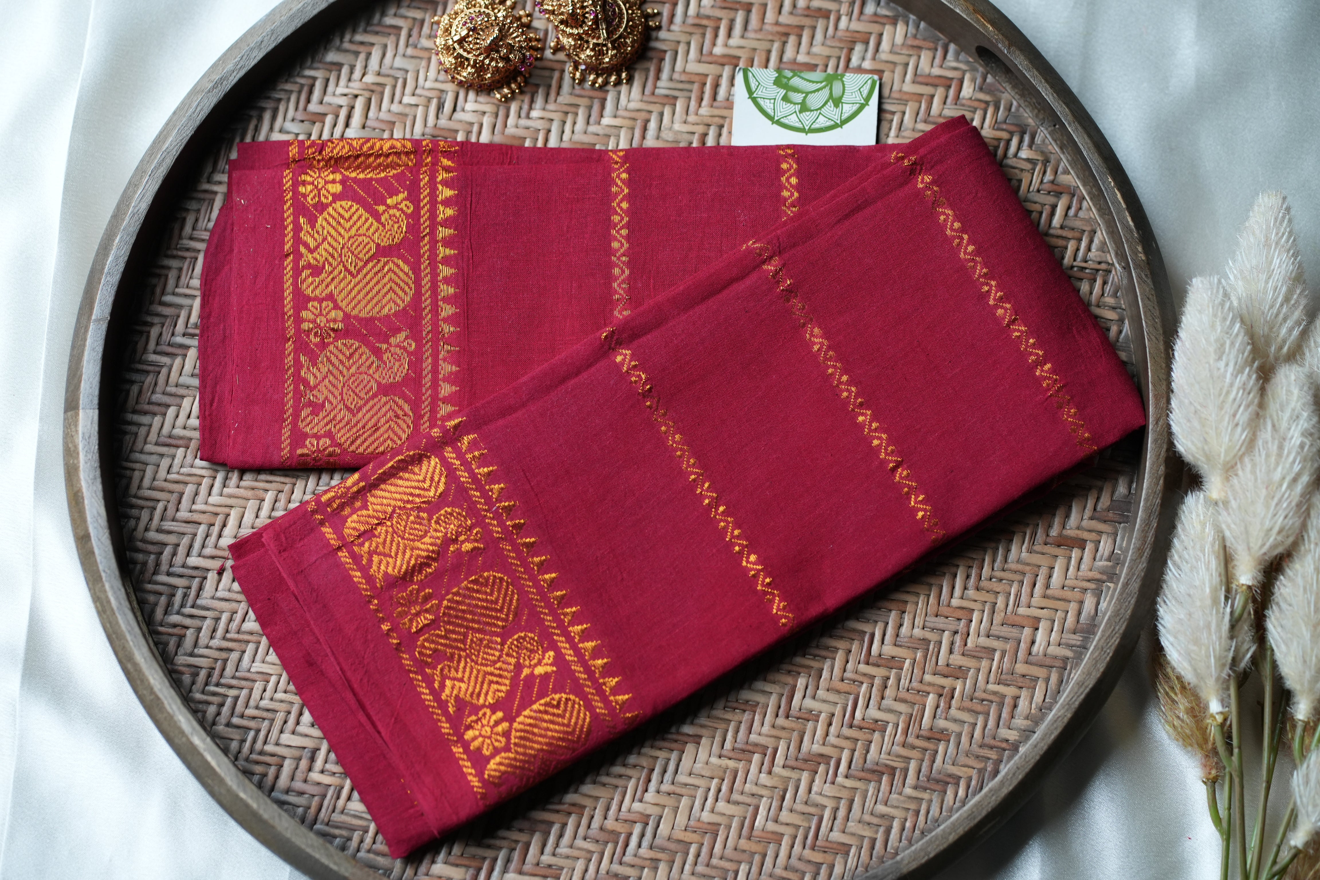 Magenta Designer Pure Cotton Blouse Piece with Gold Annapakshi Motifs
