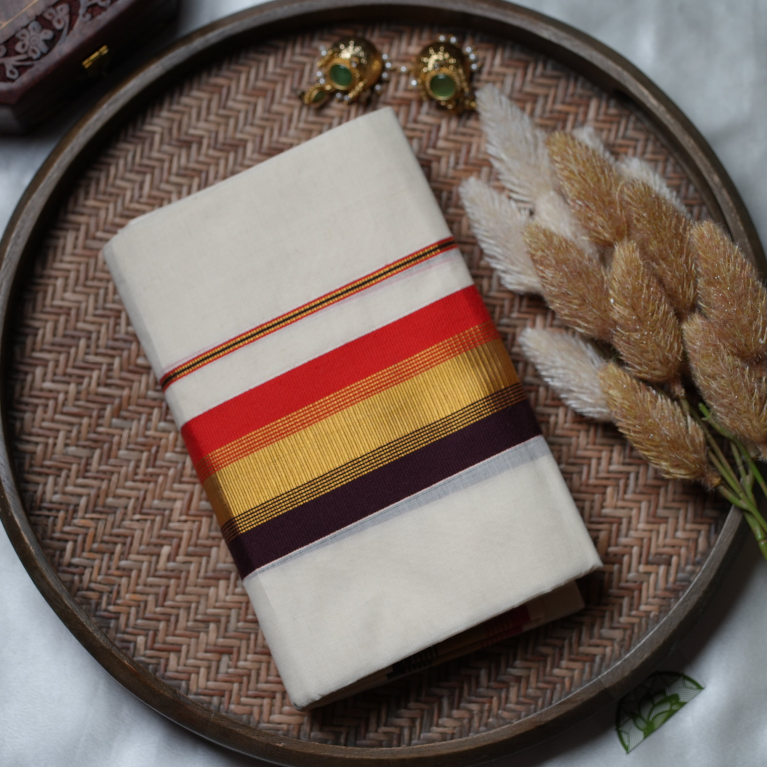 🏮 Crimson & Gold Majesty: The Multi-Stripe Traditional Kerala Set Mundu 🏮