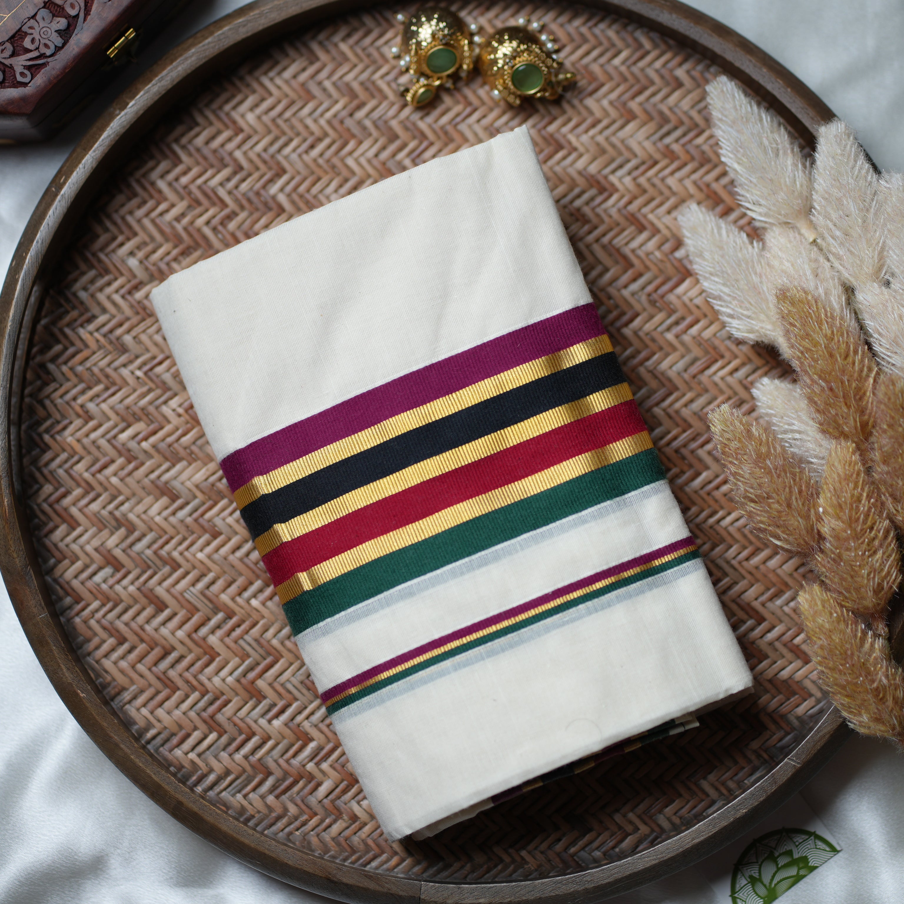 ✨ Golden Flora Festive Twist: The Vibrant Multi-Stripe Kerala Set Mundu ✨