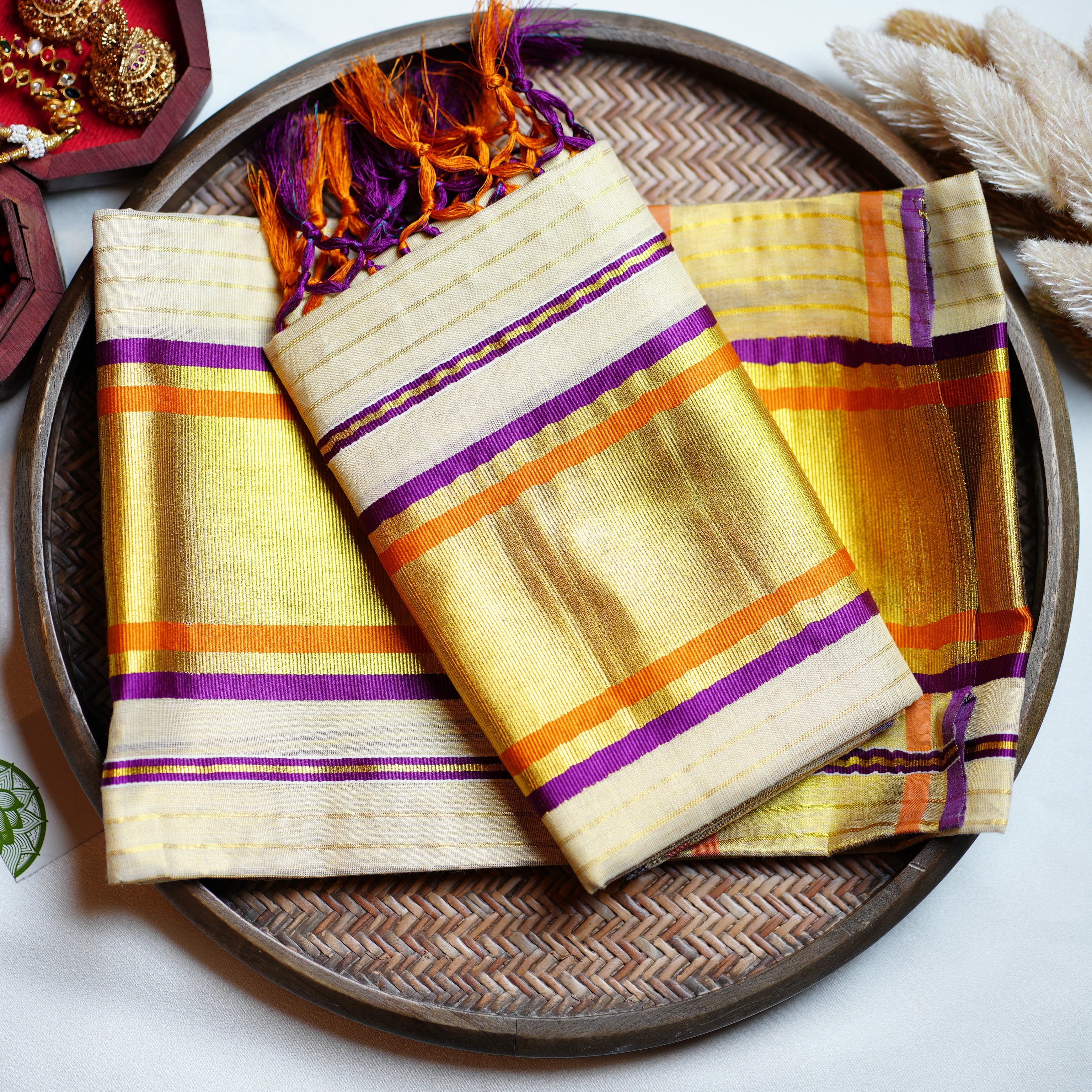 💜 Vibrant Violet & Sunset Orange: The Premium Tissue Kerala Set Mundu 🧡