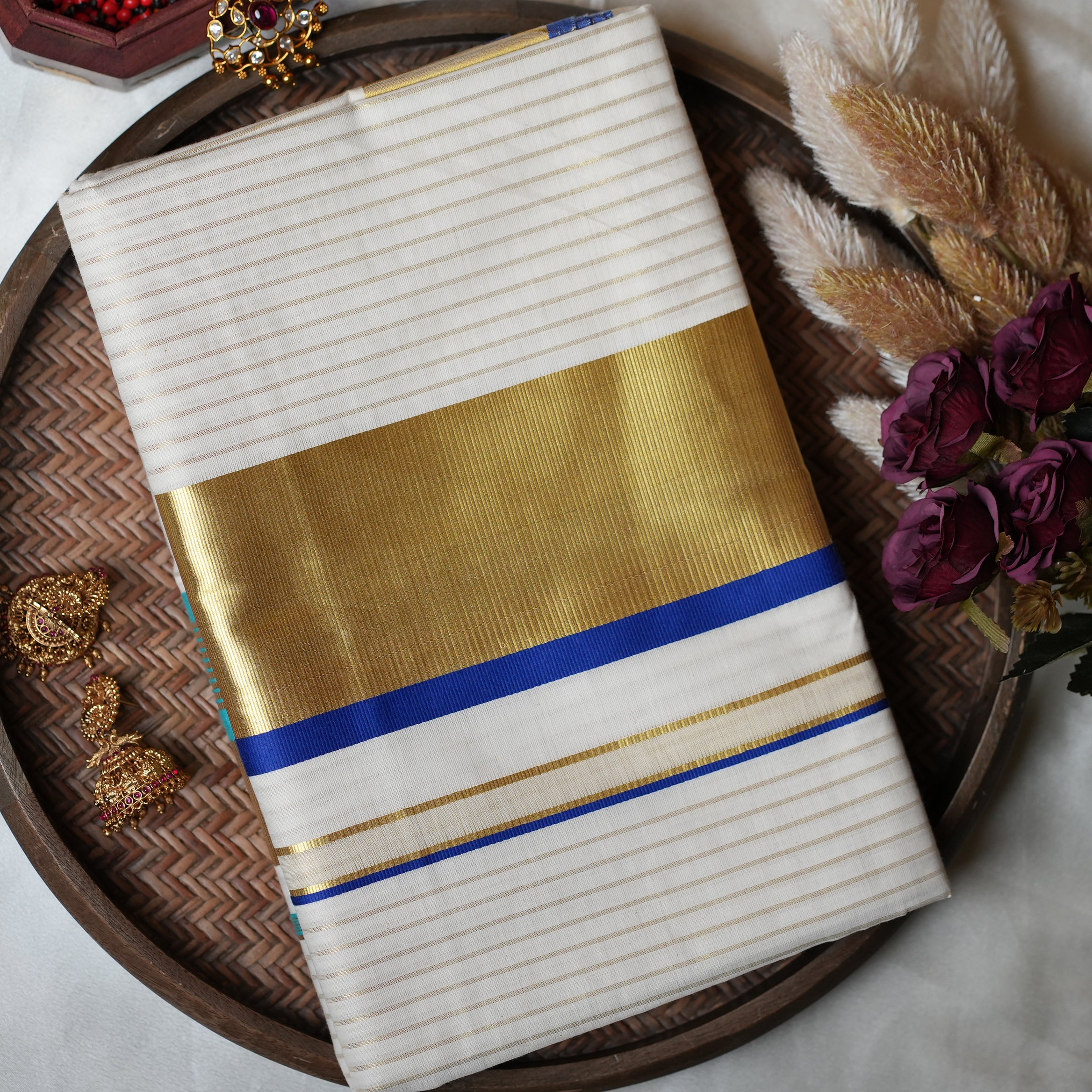 💙 Golden Zari Stripes & Royal Blue: Premium Cotton Kerala Saree ✨