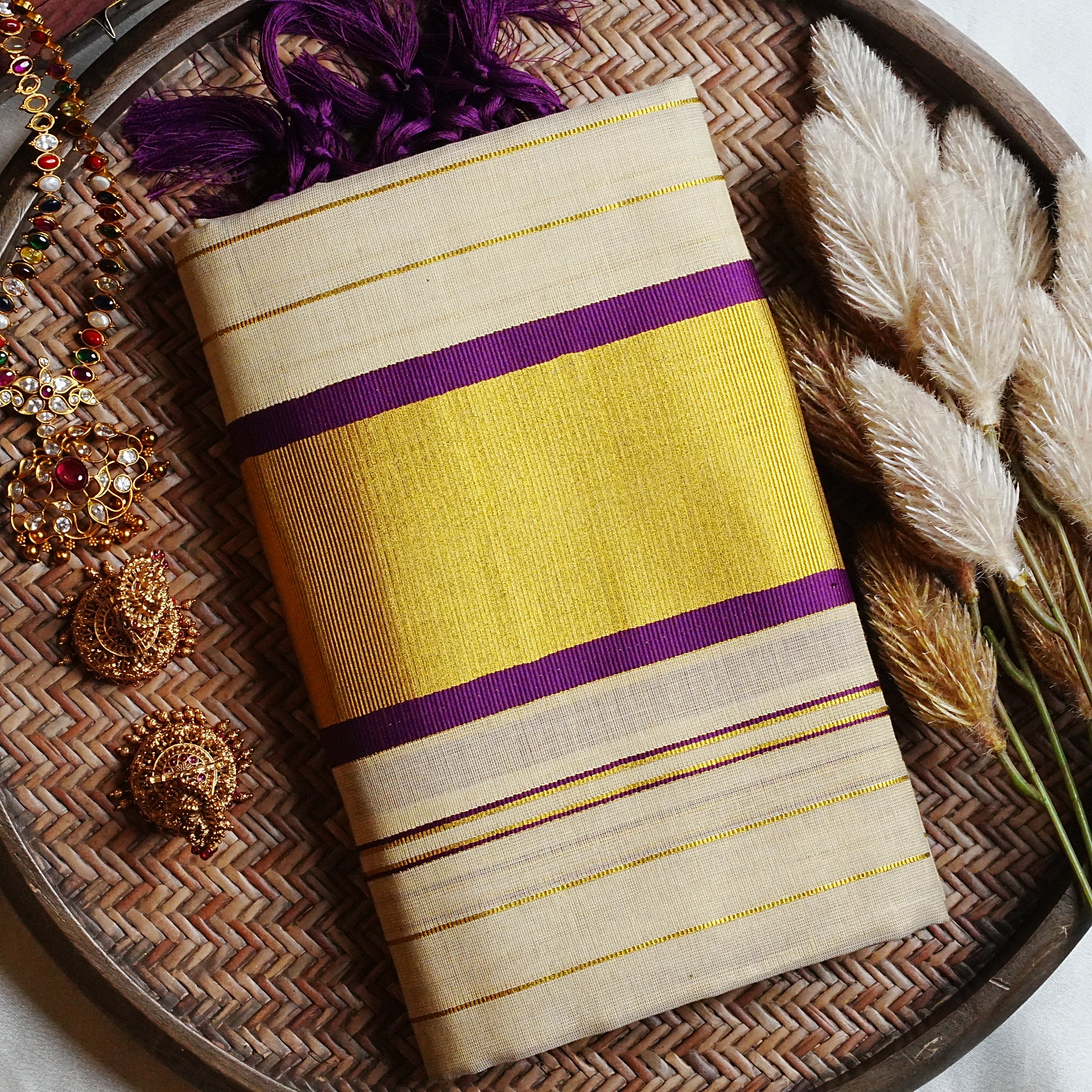 💜 Royal Purple & Radiant Kasavu: Premium Tissue Kerala Set Mundu 🌟