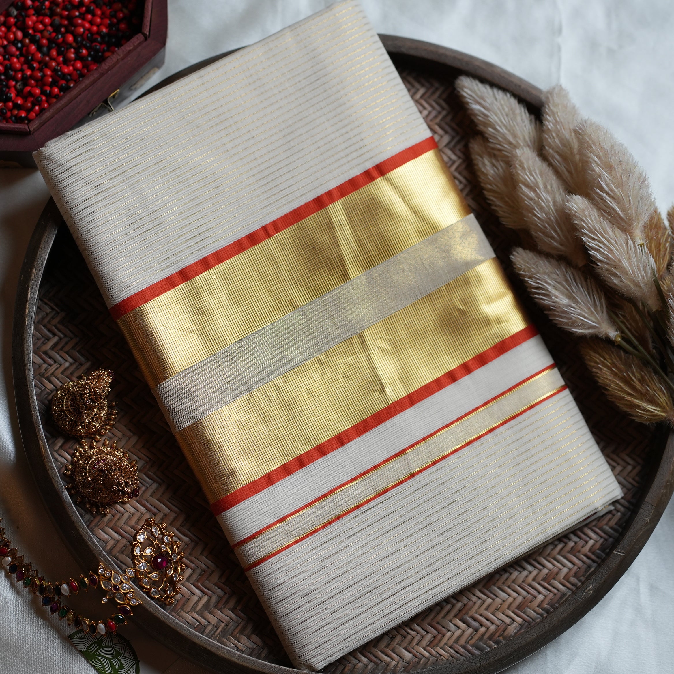 Traditional Gold & Vibrant Accent Handloom Replica Kerala Saree