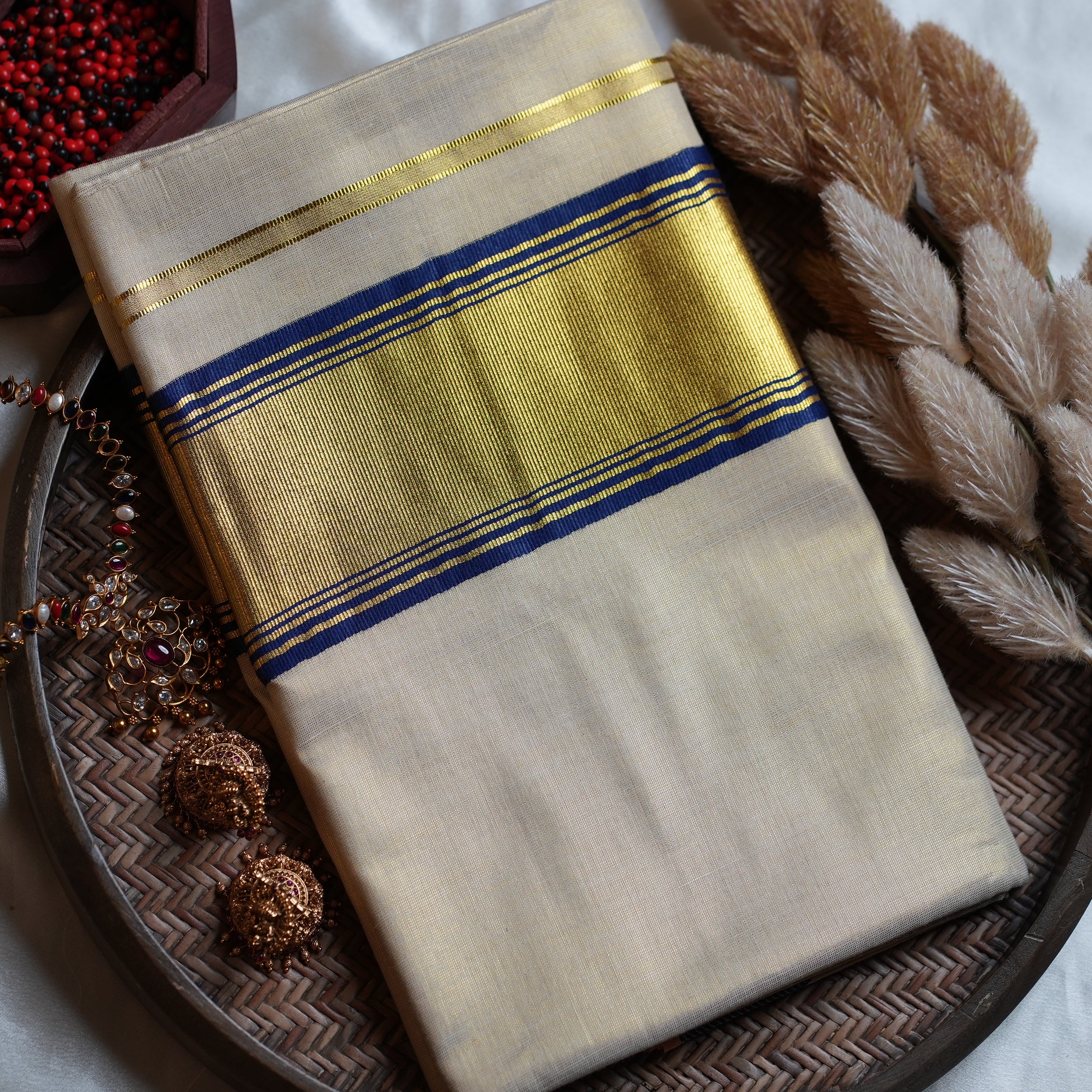 ๐ Radiant Royal Blue & Gold Tissue Handloom Replica Kerala Saree ๐