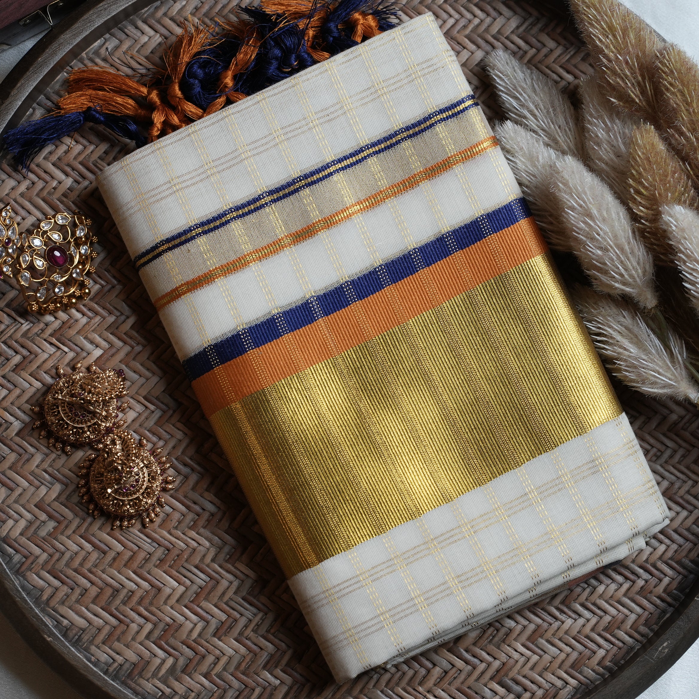 💙 Royal Sunset: Premium Kerala Set Mundu with Gold Checks, Royal Blue & Ochre Orange Borders 🟧
